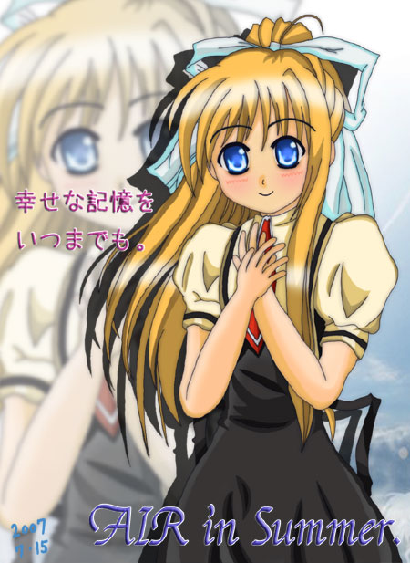 kamio misuzu, air (visual novel), 00s, blonde hair, blue eyes, blush, bow, hair bow, long hair, school uniform