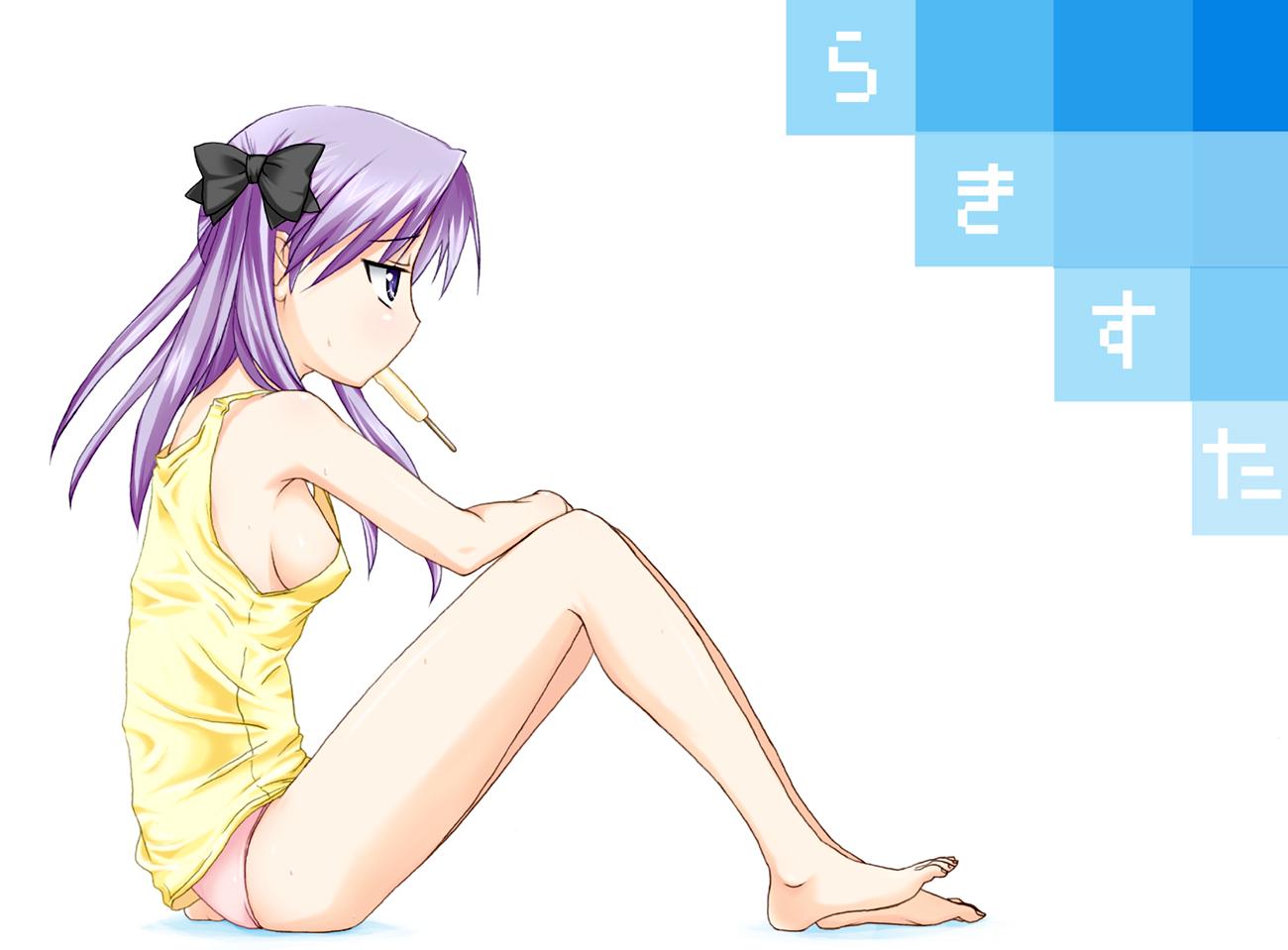 yoshino gaya, hiiragi kagami, lucky star, 00s, 1girl, breasts, female focus, food, medium breasts, no bra, panties, popsicle, sideboob, solo, tsurime, underwear