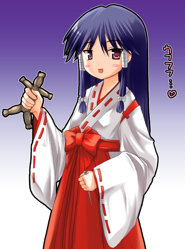 yoshino gaya, machi (nagasarete airantou), nagasarete airantou, 00s, 1girl, doll, female focus, hakama, hakama skirt, japanese clothes, miko, red hakama, skirt, solo, straw doll, voodoo doll