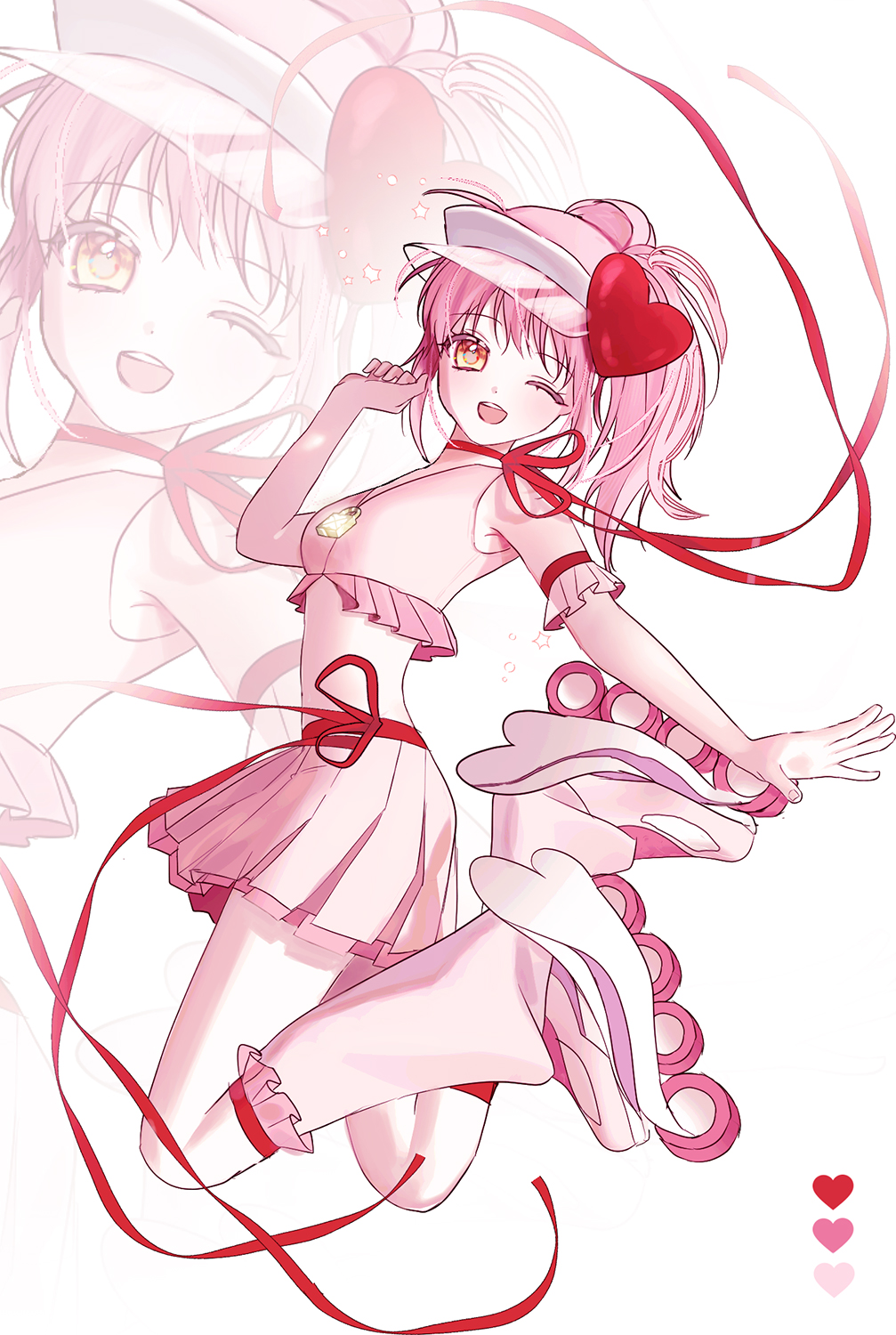 amulet heart, hinamori amu, shugo chara!, commentary request, highres, korean commentary, 1girl, choker, frilled armlet, full body, heart, humpty lock (shugo chara!), jumping, lan lan, leg warmers, looking at viewer, magical girl, one eye closed, open mouth, pink hair, pink skirt, ponytail, ribbon choker, roller skates, side ponytail, simple background, skates, skirt, solo, visor cap, white background