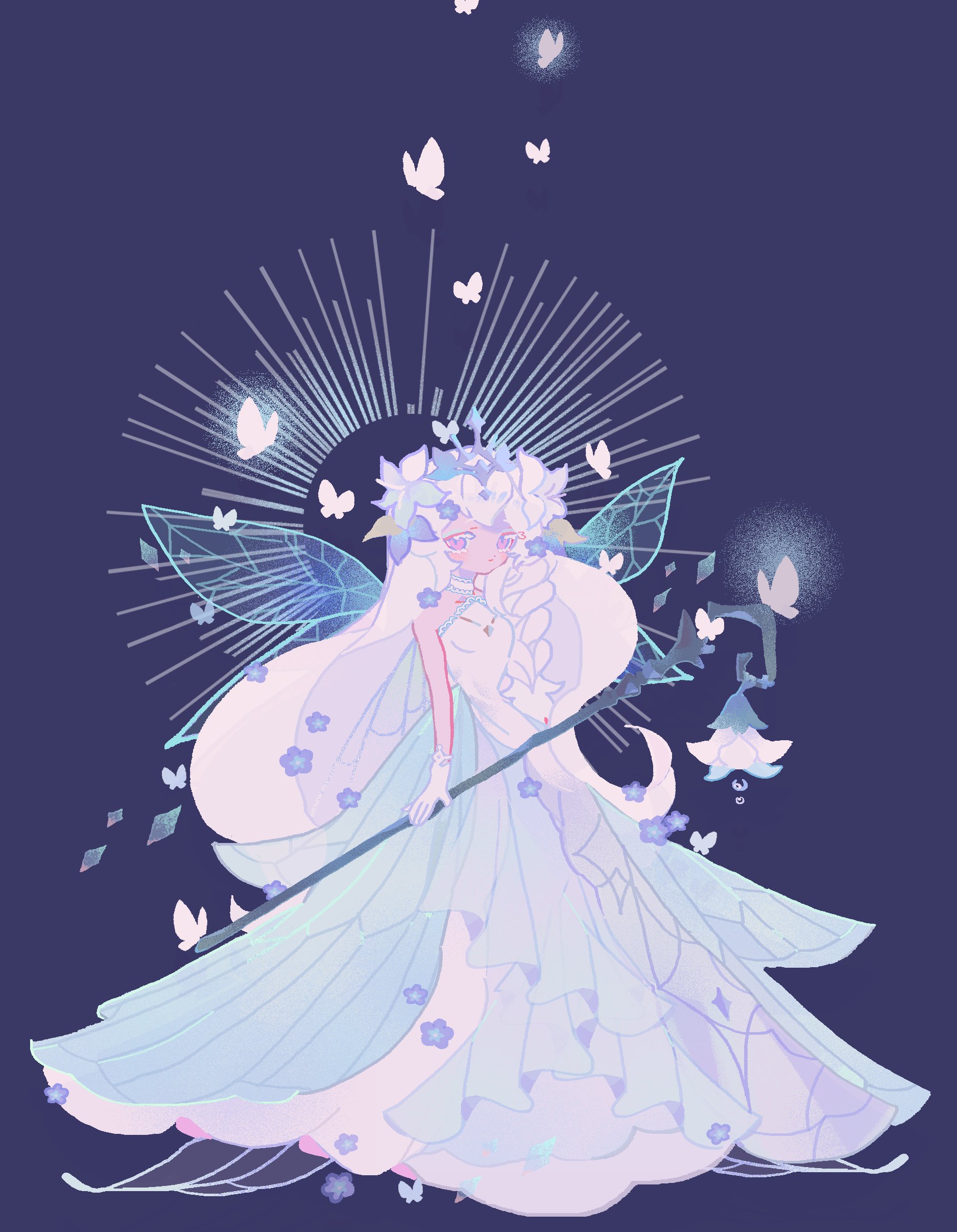 reed, white lily cookie, white lily cookie (moonflower faerie), cookie run, cookie run: kingdom, white lily, absurdres, commentary, highres, symbol-only commentary, 1girl, bare shoulders, black background, braid, breasts, bug, butterfly, choker, closed mouth, colored eyelashes, diamond (shape), dress, expressionless, fairy wings, flower, frilled dress, frills, full body, gloves, green wings, hair flower, hair ornament, holding, holding staff, humanization, insect, lace, lace-trimmed choker, lace-trimmed dress, lace trim, long dress, long hair, looking at viewer, official alternate costume, official alternate hairstyle, pink eyes, side braid, silver tiara, simple background, single braid, small breasts, solo, staff, standing, strapless, strapless dress, tiara, transparent wings, very long hair, white butterfly, white choker, white dress, white eyelashes, white flower, white gloves, white hair, wings