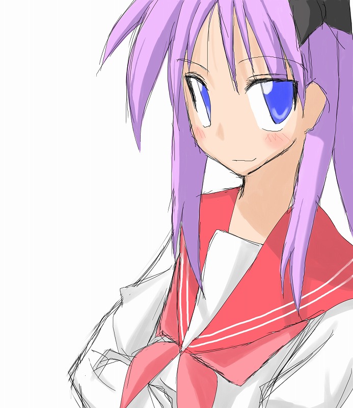 hiiragi kagami, lucky star, 00s, 1girl, blue eyes, blush, female focus, long hair, purple hair, school uniform, serafuku, simple background, solo