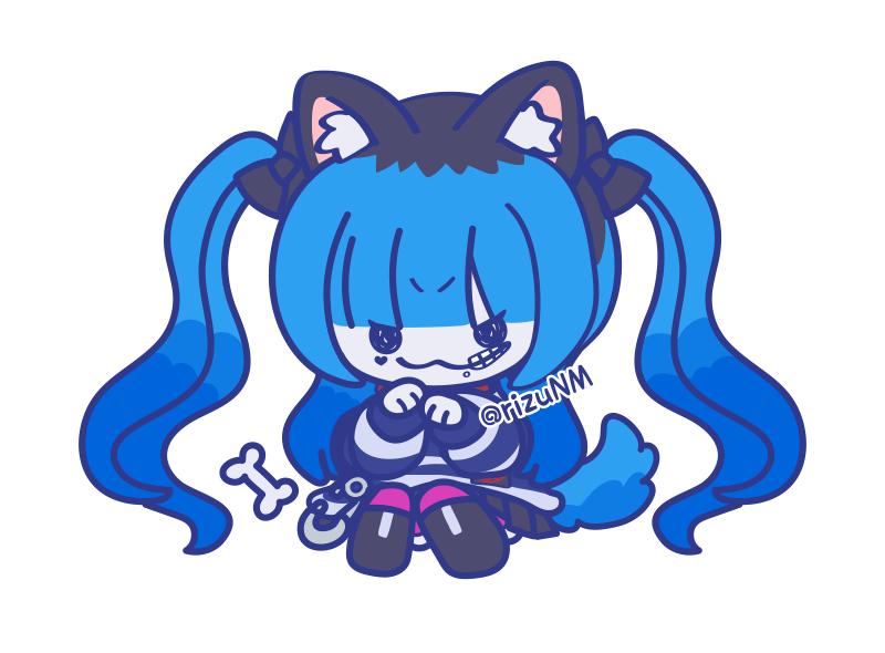 mugichoco, amemiya darumi, the hundred line -last defense academy-, animal ears, black bow, black hair, blue hair, bone, bow, chibi, dog ears, dog tail, face piercing, hands up, lip piercing, long sleeves, looking at viewer, multicolored hair, piercing, pink thighhighs, pleated skirt, safety pin, shirt, skirt, striped clothes, striped shirt, tail, thighhighs, twintails, white background