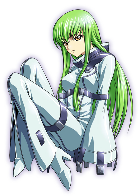 c.c., code geass, 00s, 1girl, bodysuit, female focus, gradient background, green hair, solo, straitjacket