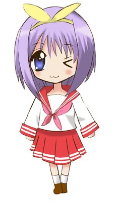 hiiragi tsukasa, lucky star, lowres, 00s, 1girl, blue eyes, blush, female focus, one eye closed, purple hair, school uniform, serafuku, short hair, simple background, skirt, socks, solo, wink