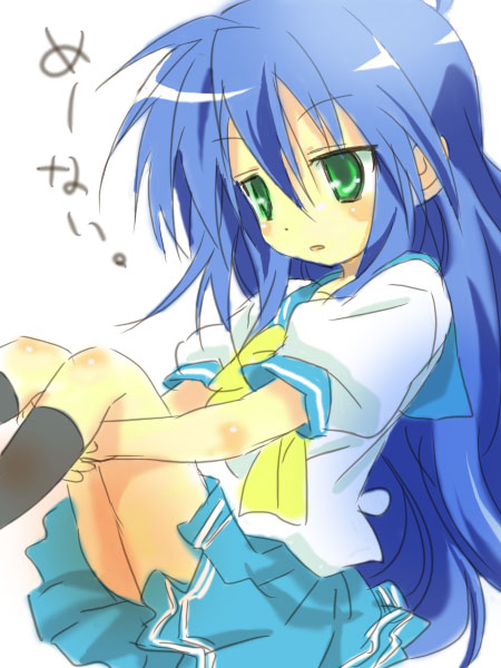 izumi konata, lucky star, 00s, blue hair, green eyes, long hair, school uniform, serafuku, skirt
