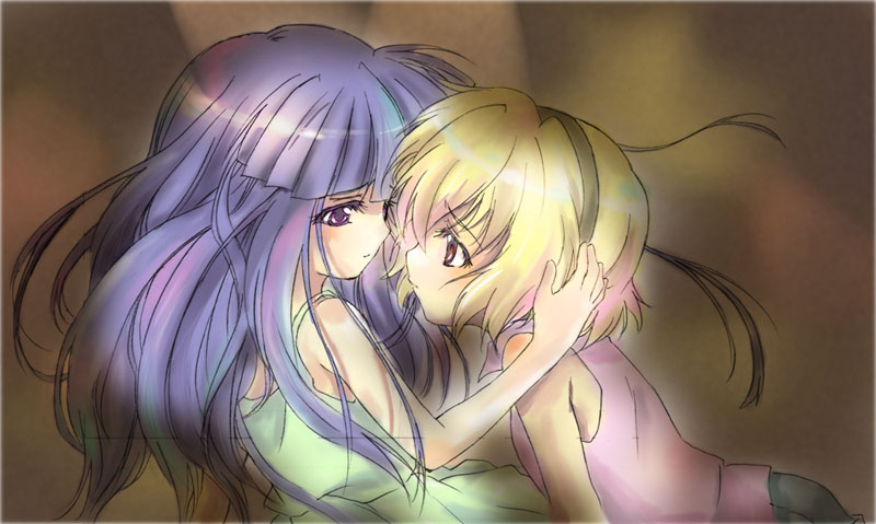 kona, kona (canaria), furude rika, houjou satoko, higurashi no naku koro ni, bad id, bad pixiv id, 00s, 2girls, bare shoulders, blonde hair, blue hair, dress, eye contact, girl on top, hairband, leaning back, long hair, looking at another, multiple girls, purple eyes, red eyes, short hair, sleeveless, sundress, yuri