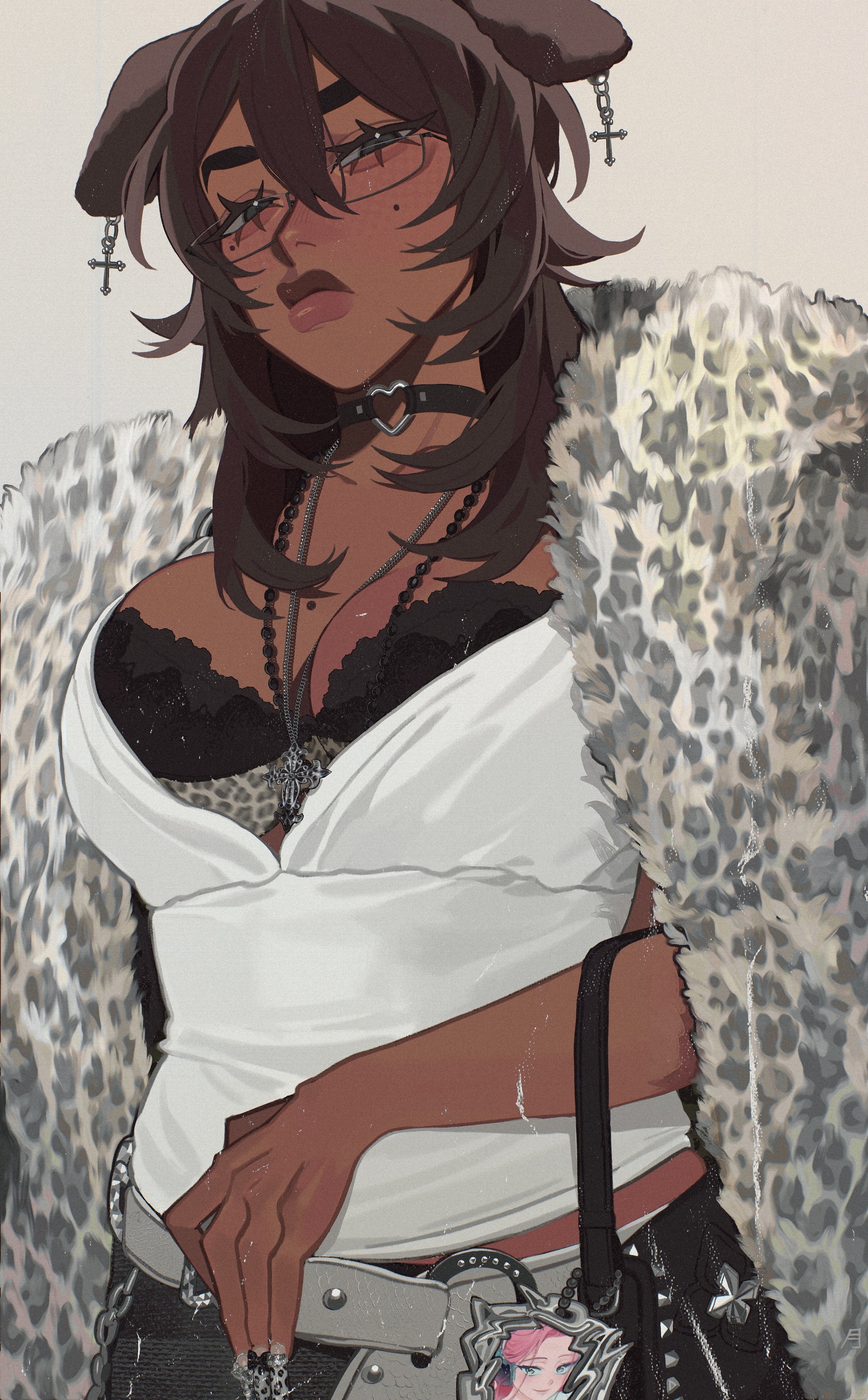 h0rtens1a, mizi (alien stage), alien stage, original, absurdres, commentary, highres, 1girl, animal earrings, bag charm, black bra, black choker, black eyes, bra, breasts, brown hair, charm (object), choker, closed mouth, cross, cross necklace, dark-skinned female, dark skin, glasses, jewelry, long hair, mole, mole on breast, necklace, solo, tank top, underwear, white tank top