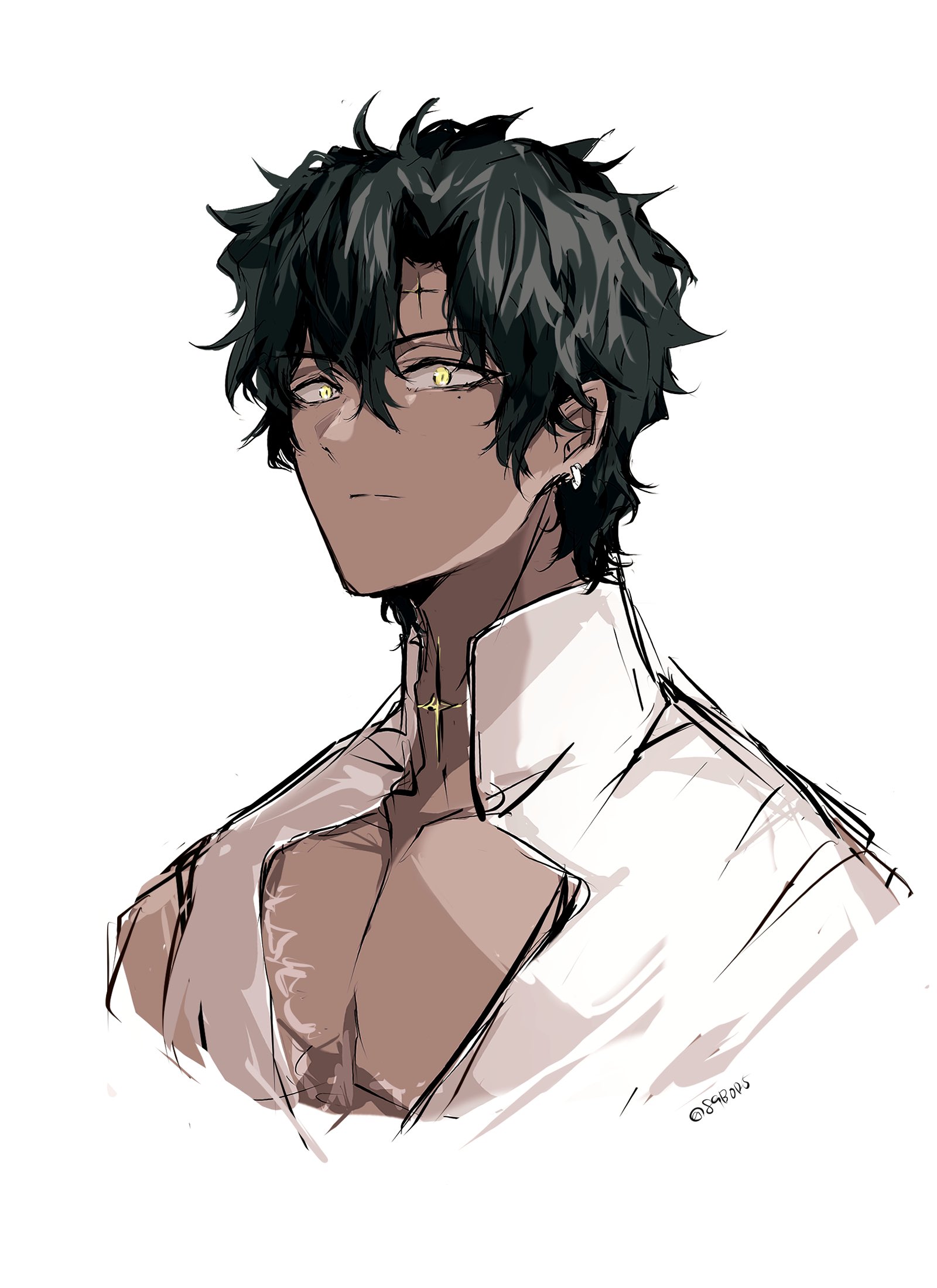 sodamachi, tyki mikk, d.gray-man, highres, 1boy, black hair, breasts, cleavage, cross, dark-skinned male, dark skin, earrings, facial mark, forehead mark, hair between eyes, hoop earrings, jewelry, looking at viewer, male focus, mature male, messy hair, mole, mole under eye, neck tattoo, noah (d.gray-man), pectoral cleavage, pectorals, shirt, short hair, sidelocks, signature, simple background, single bare shoulder, single sleeve, solo, tattoo, twitter username, wavy hair, white background, white shirt, yellow eyes