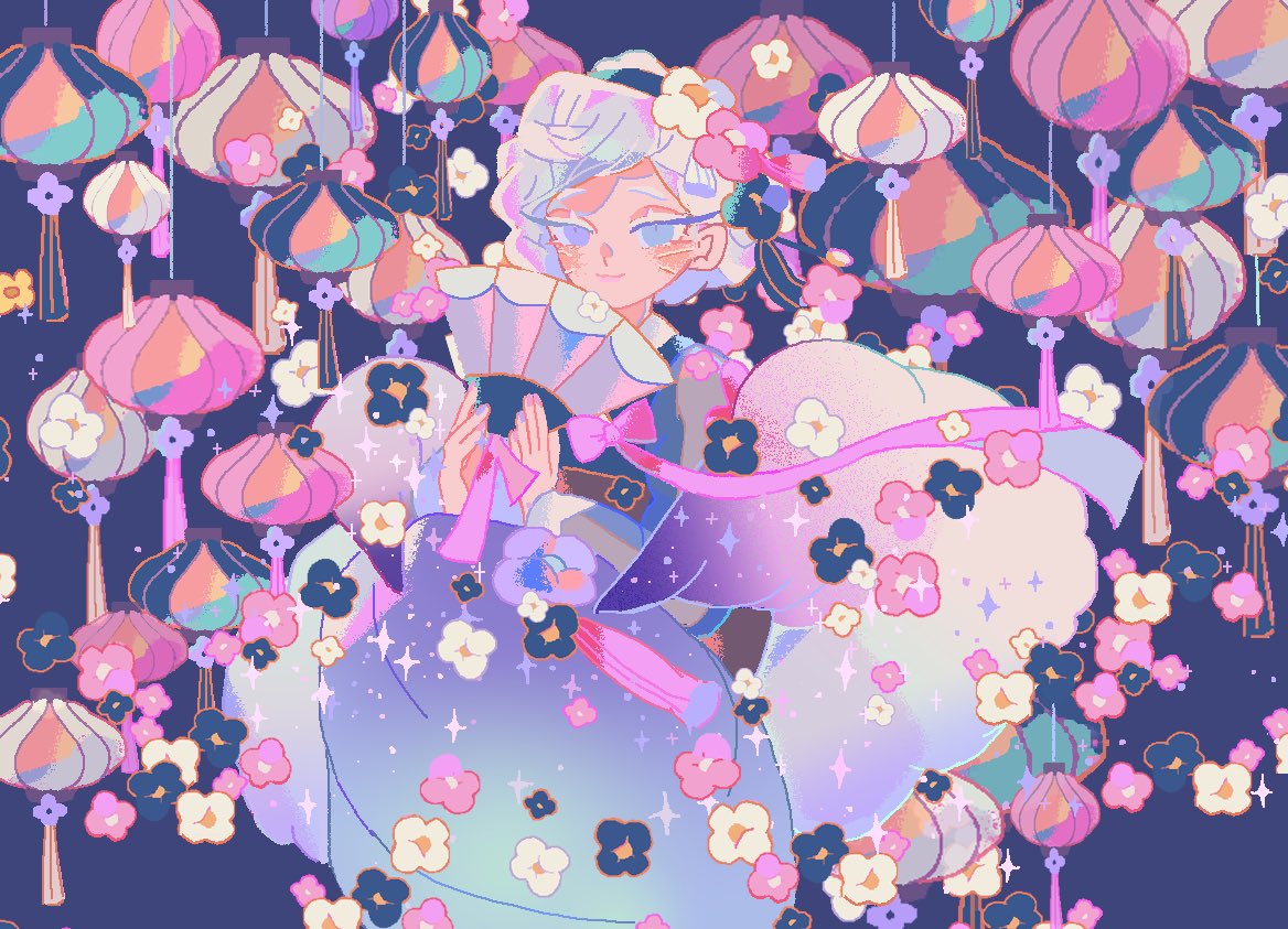 reed, kumiho cookie, cookie run, cookie run: ovenbreak, commentary, symbol-only commentary, 1girl, asymmetrical hair, blue background, blue eyes, blue flower, blue kimono, bow, braid, closed mouth, feet out of frame, film grain, flower, hair behind ear, hand fan, hands up, heterochromia, holding, holding fan, humanization, japanese clothes, kimono, kumiho cookie (moonlight festival allure), lantern, long sleeves, looking at viewer, multicolored nails, official alternate costume, official alternate eye color, official alternate hair color, official alternate hair length, official alternate hairstyle, paper lantern, pink bow, pink flower, puffy long sleeves, puffy sleeves, purple eyes, purple nails, see-through clothes, see-through sleeves, short hair, simple background, sitting, solo, sparkle, whiskers, white flower, white hair