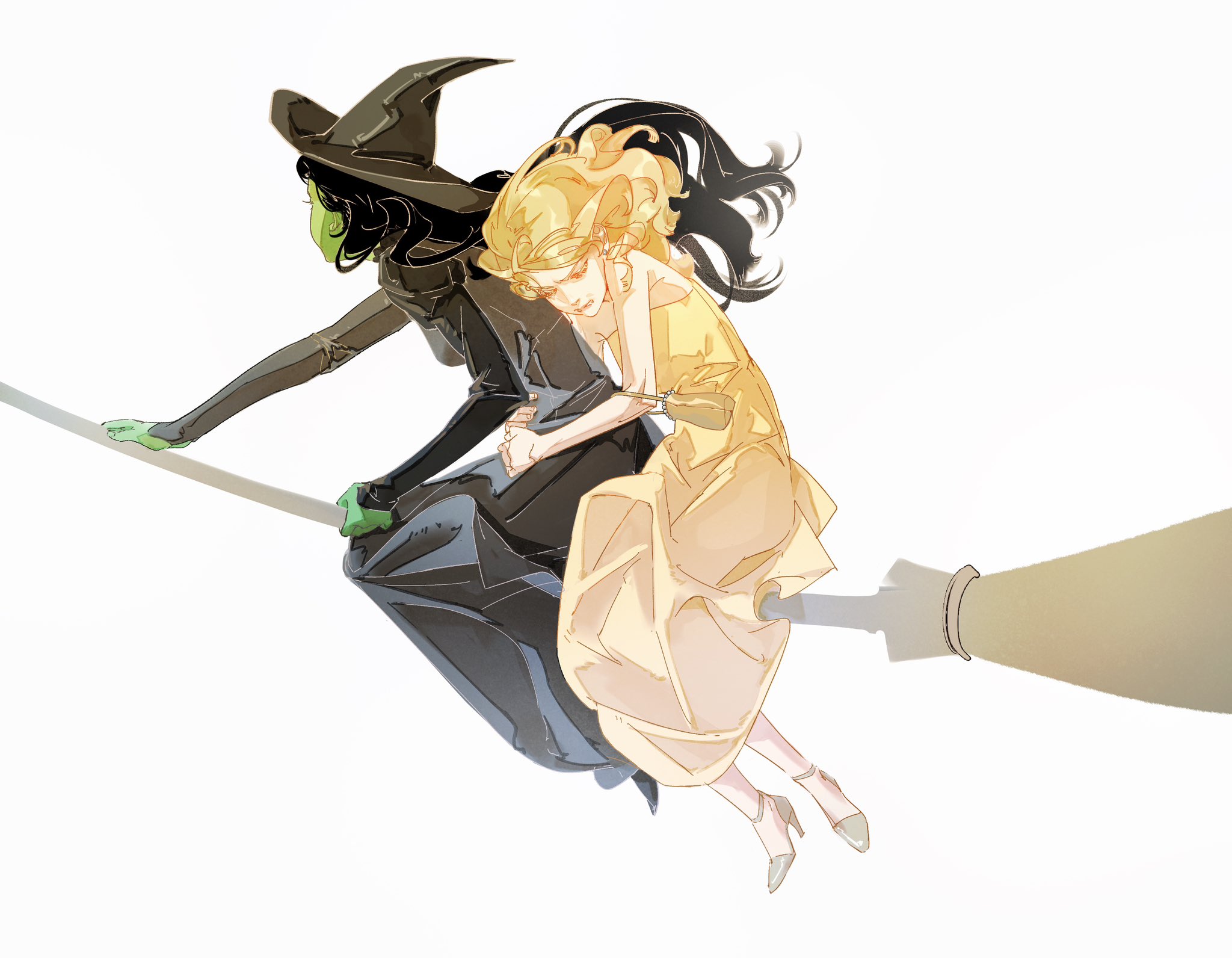 siyemmm, good witch of the north, wicked, highres, 2girls, black hair, blonde hair, broom, broom riding, colored skin, curly hair, dress, elphaba thropp, eyelashes, hat, high heels, juliet sleeves, long dress, long hair, long sleeves, looking down, medium hair, multiple girls, puffy sleeves, sitting, sleeveless, sleeveless dress, white background, witch hat, yellow dress
