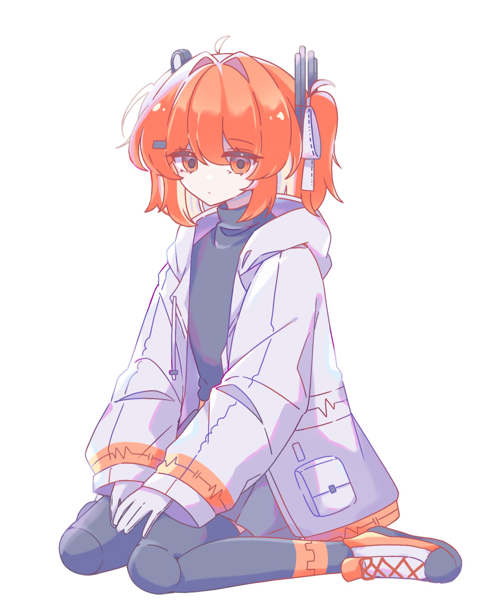 mei (meiday mise), adachi rei, a.i. voice, utau, highres, 1girl, full body, hands on lap, jacket, long sleeves, looking at viewer, open clothes, open jacket, orange eyes, orange hair, own hands together, simple background, sitting, solo, white background, white jacket