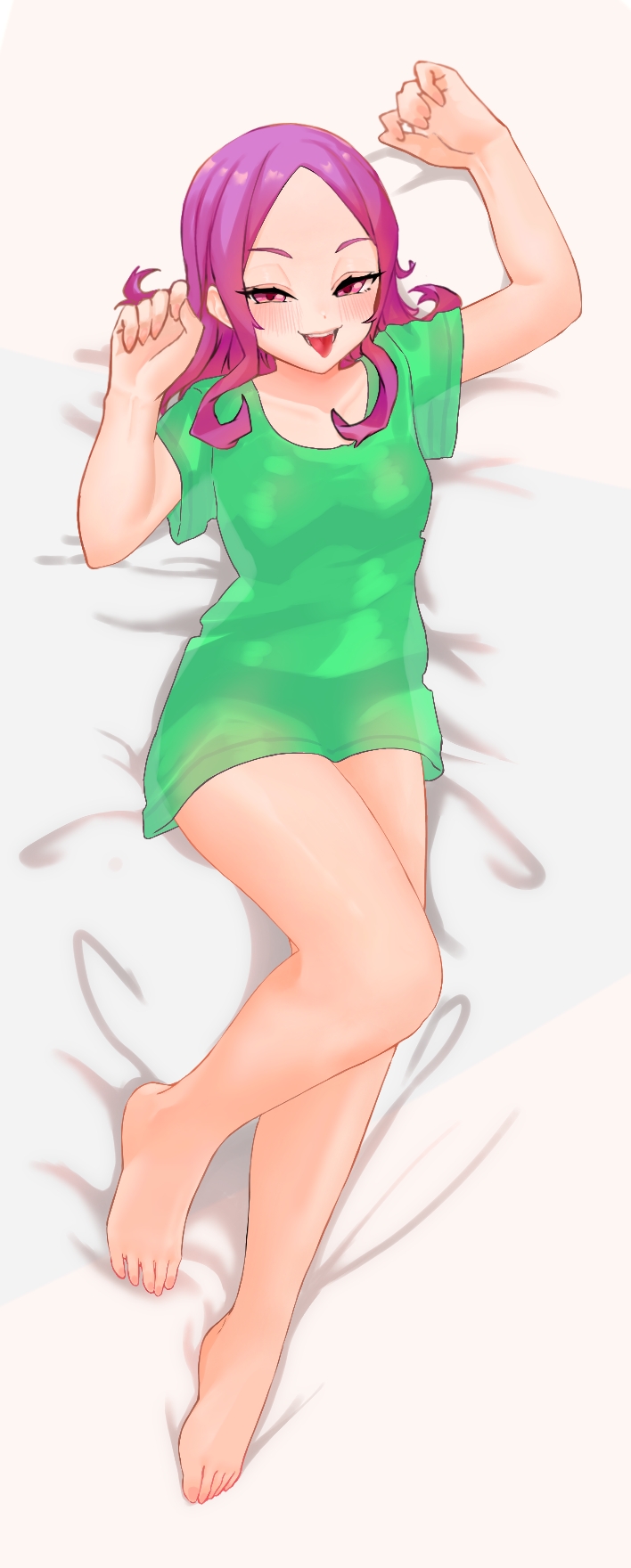 niwaikanai, wu zetian (fate), fate/grand order, fate (series), highres, 1girl, barefoot, blush, breasts, forehead, full body, green shirt, long hair, looking at viewer, open mouth, parted bangs, purple eyes, purple hair, shirt, short sleeves, sidelocks, small breasts, smile, solo, tongue, tongue out