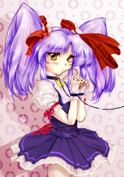 hechi, hoshino ruri, kidou senkan nadesico, 1girl, bdsm, blue hair, blush, collar, dress, female focus, hair ribbon, leash, long hair, ribbon, solo, standing, twintails, yellow eyes