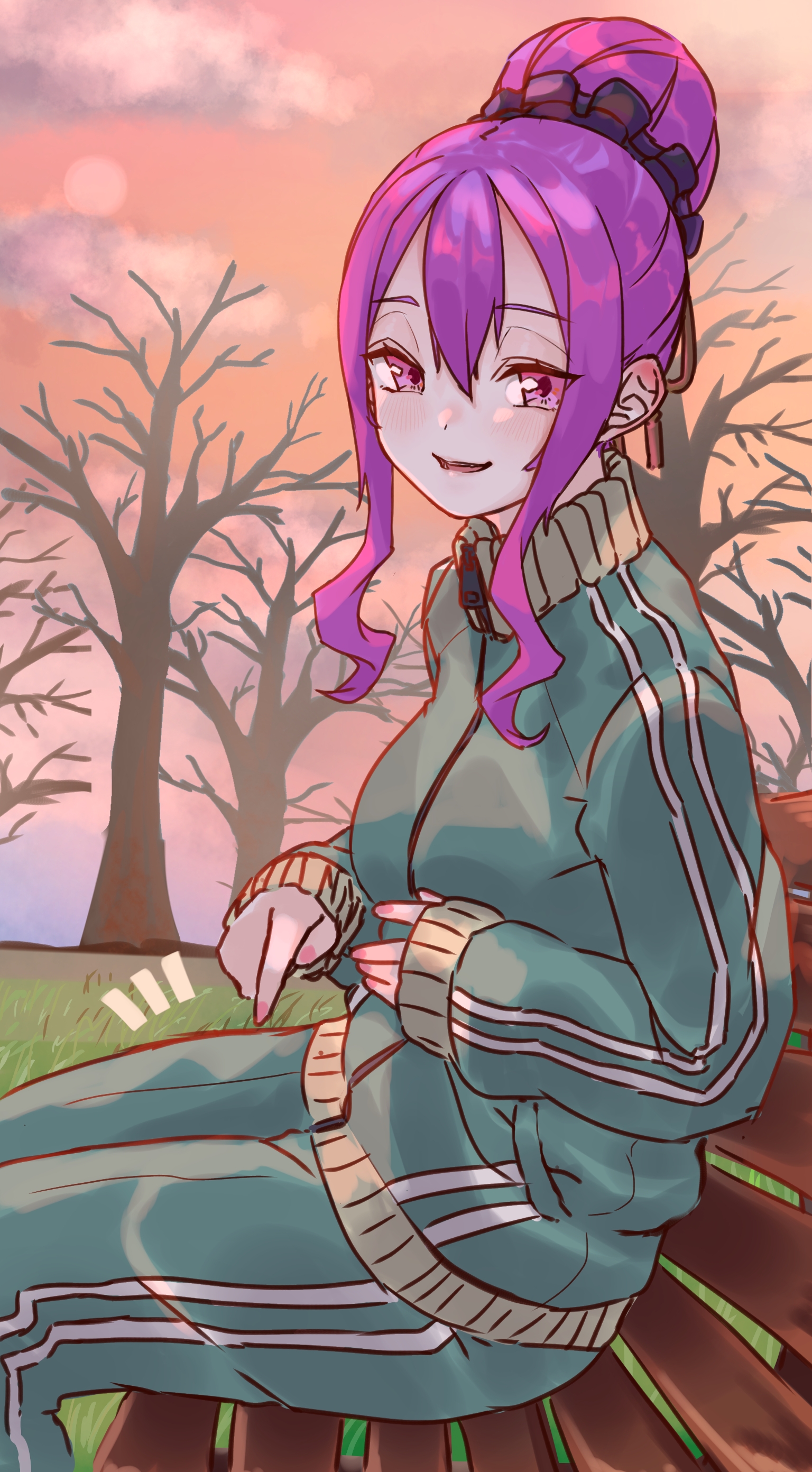 niwaikanai, wu zetian (fate), wu zetian (swimsuit caster) (fate), fate/grand order, fate (series), absurdres, highres, textless version, 1girl, bench, breasts, green jacket, green pants, hair between eyes, hair bun, jacket, long hair, long sleeves, looking at viewer, medium breasts, open mouth, pants, purple eyes, purple hair, sidelocks, sitting, smile, solo, very long hair