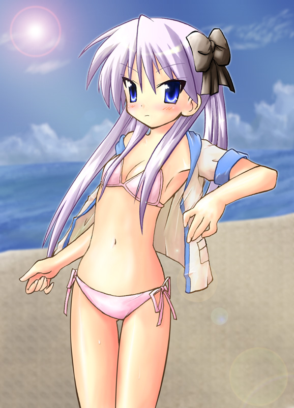 shinjou ryou, hiiragi kagami, lucky star, 00s, 1girl, beach, bikini, blue eyes, blush, day, female focus, lens flare, long hair, navel, outdoors, pink bikini, purple hair, sand, side-tie bikini bottom, sky, solo, swimsuit, thigh gap, tsurime, water