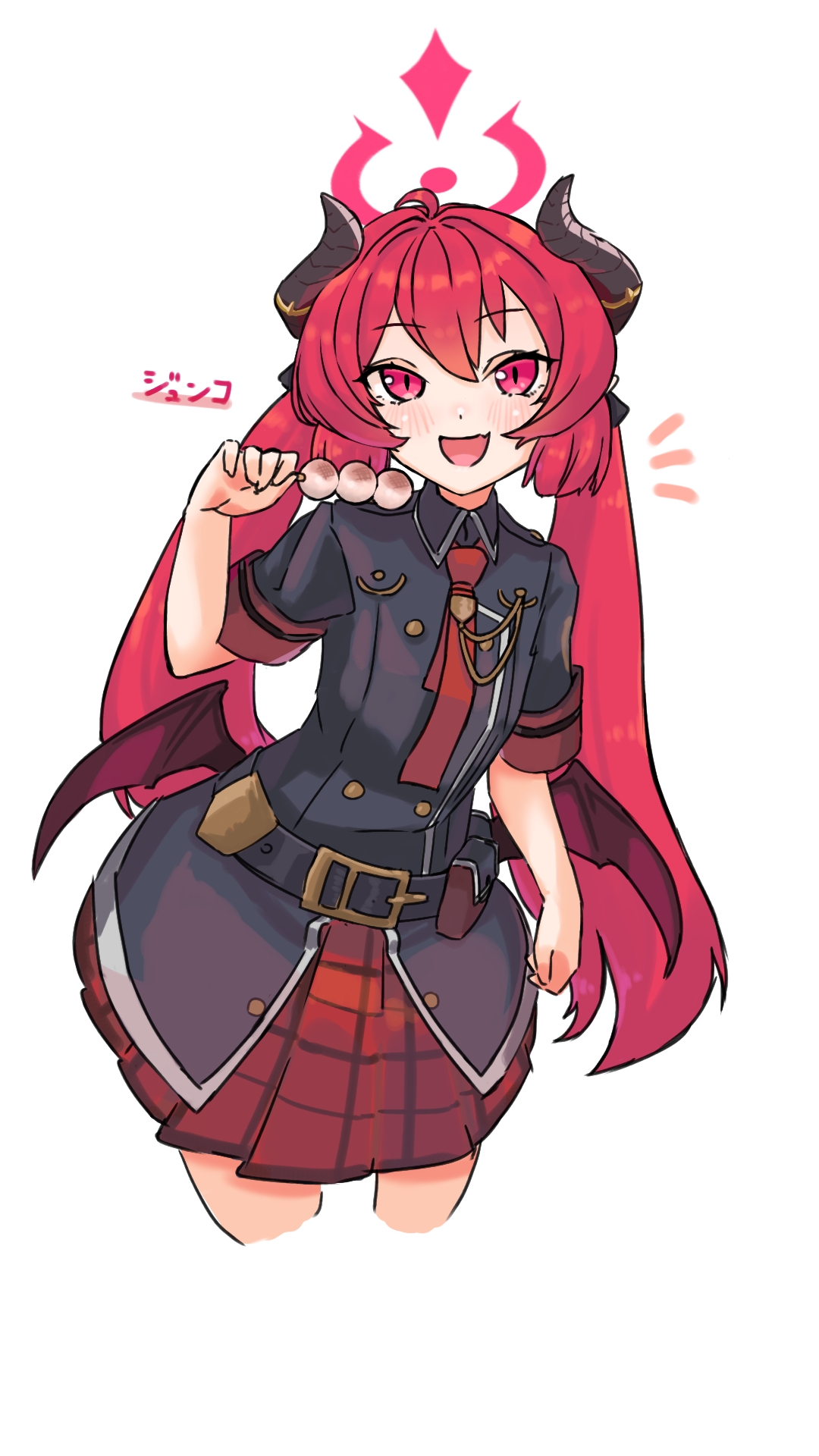 niwaikanai, junko (blue archive), blue archive, highres, translation request, 1girl, belt, black dress, blush, dango, demon girl, demon horns, demon wings, dress, food, halo, horns, long hair, open mouth, red eyes, red hair, red skirt, short sleeves, skirt, smile, solo, twintails, very long hair, wagashi, wings