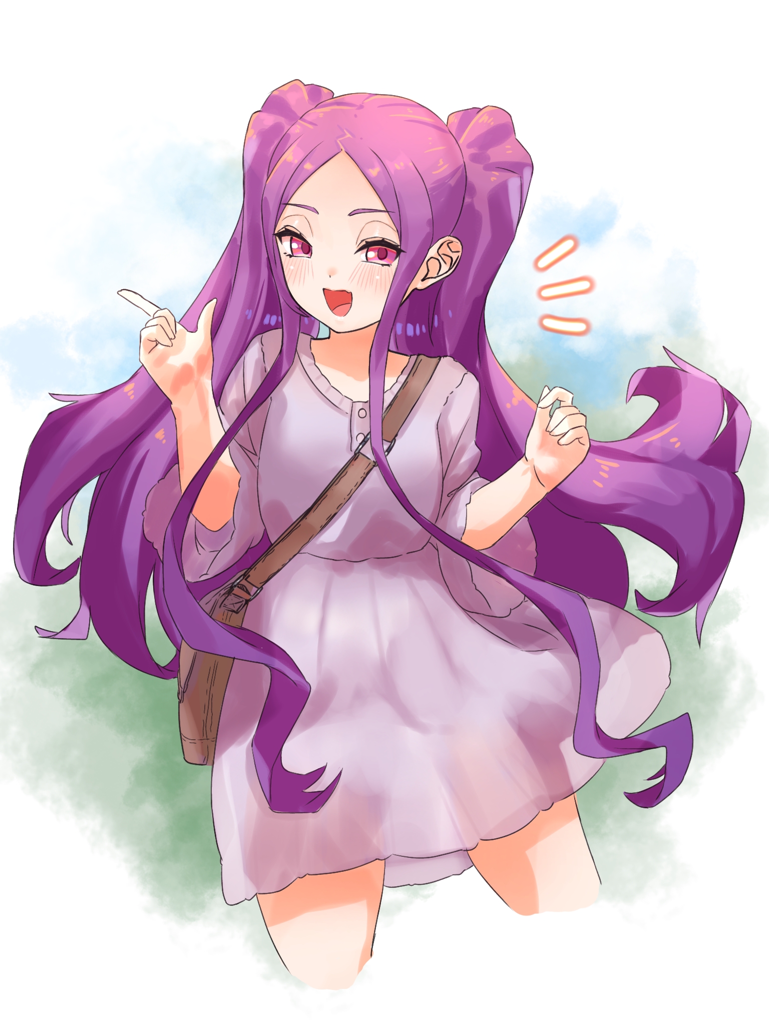 niwaikanai, wu zetian (fate), fate/grand order, fate (series), highres, 1girl, bag, blush, breasts, dress, forehead, grey dress, long hair, looking at viewer, open mouth, parted bangs, purple eyes, purple hair, short sleeves, shoulder bag, sidelocks, small breasts, smile, solo, thighs, twintails, very long hair