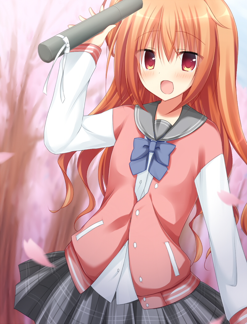 korokoro cat, inaba meguru, sanoba witch, commentary request, 1girl, :d, blue bow, blue bowtie, blurry, blurry background, blush, bow, bowtie, cherry blossoms, cowboy shot, day, eyes visible through hair, falling petals, graduation, grey sailor collar, grey skirt, hair between eyes, hand up, happy, holding measuring cylinder, jacket, letterman jacket, long hair, looking at viewer, measuring cylinder, miniskirt, one side up, open mouth, orange hair, outdoors, partially unbuttoned, petals, pink jacket, plaid clothes, plaid skirt, pleated skirt, red eyes, sailor collar, school uniform, serafuku, shirt, skirt, smile, solo, wavy hair, white shirt, white sleeves