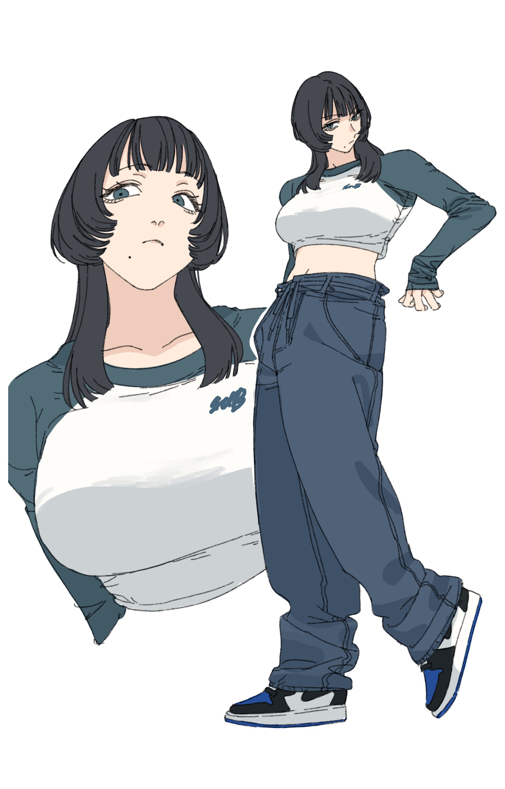 billyonthestraw, original, absurdres, commentary, english commentary, highres, 1girl, black hair, breasts, large breasts, long hair, midriff, mole, mole under mouth, navel, shoes, sneakers, solo, white background