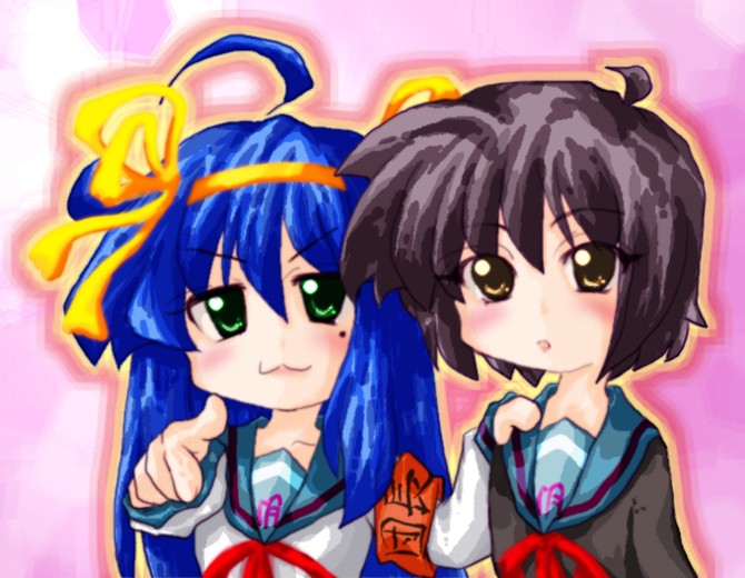 izumi konata, nagato yuki, lucky star, suzumiya haruhi no yuuutsu, tagme, 00s, crossover