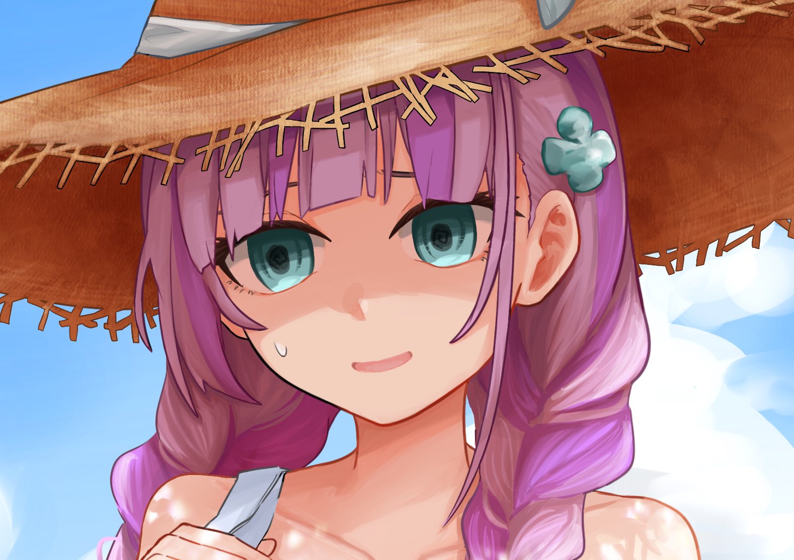 masumidashirasu, date akari, heaven burns red, 1girl, aqua eyes, braid, hair ornament, hat, long hair, multicolored hair, purple hair, solo, straw hat, streaked hair, twin braids