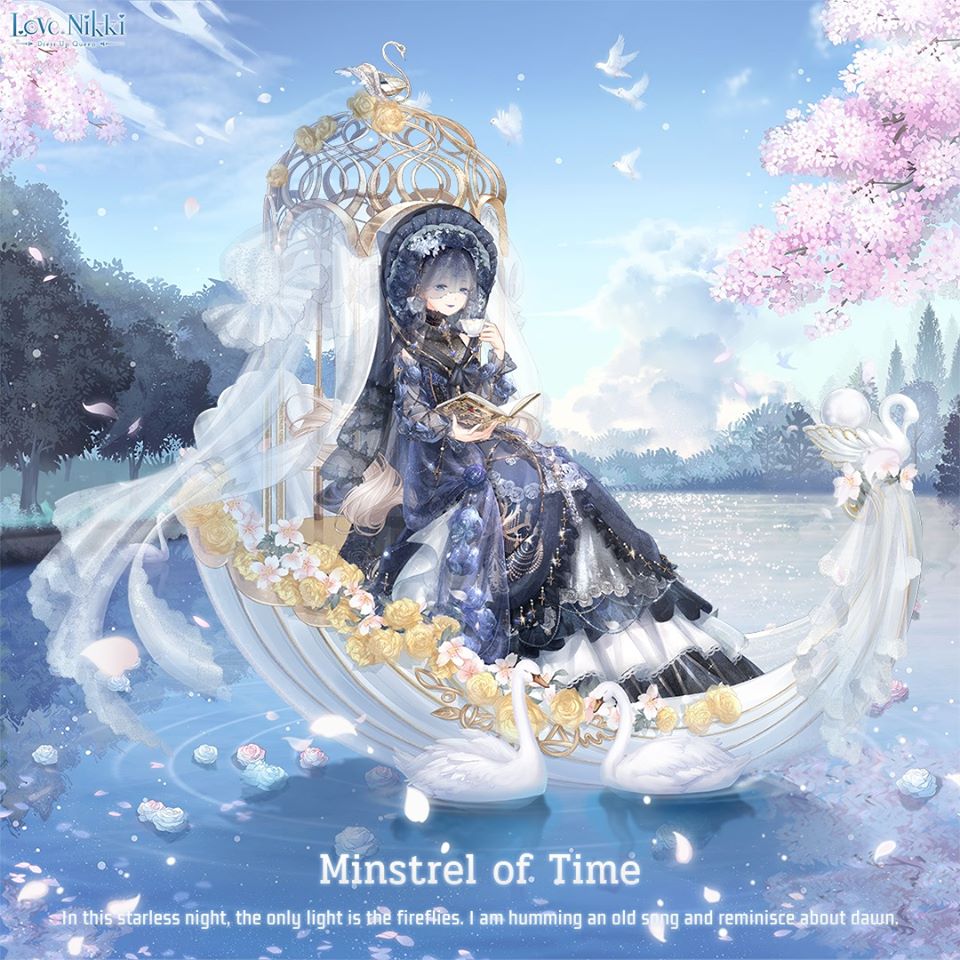 miracle nikki, nikki (series), artist request, official art, 1girl, bird, black bonnet, black dress, black veil, blue dress, blue eyes, blue sky, boat, bonnet, book, character name, cherry blossoms, cloud, copyright name, cross, cup, day, dove, dress, drinking, english text, falling petals, frilled dress, frills, full body, gown, happy, holding, holding book, holding cup, jewelry, lake, light particles, logo, long dress, long sleeves, looking ahead, minstrel of time (miracle nikki), necklace, open book, outdoors, petals, puffy long sleeves, puffy sleeves, reading, reflection, reflective water, ripples, see-through clothes, see-through veil, shadow, sitting, sky, solo, spring (season), standing, swan, teacup, turtleneck, turtleneck dress, two-tone dress, veil, victorian, watercraft