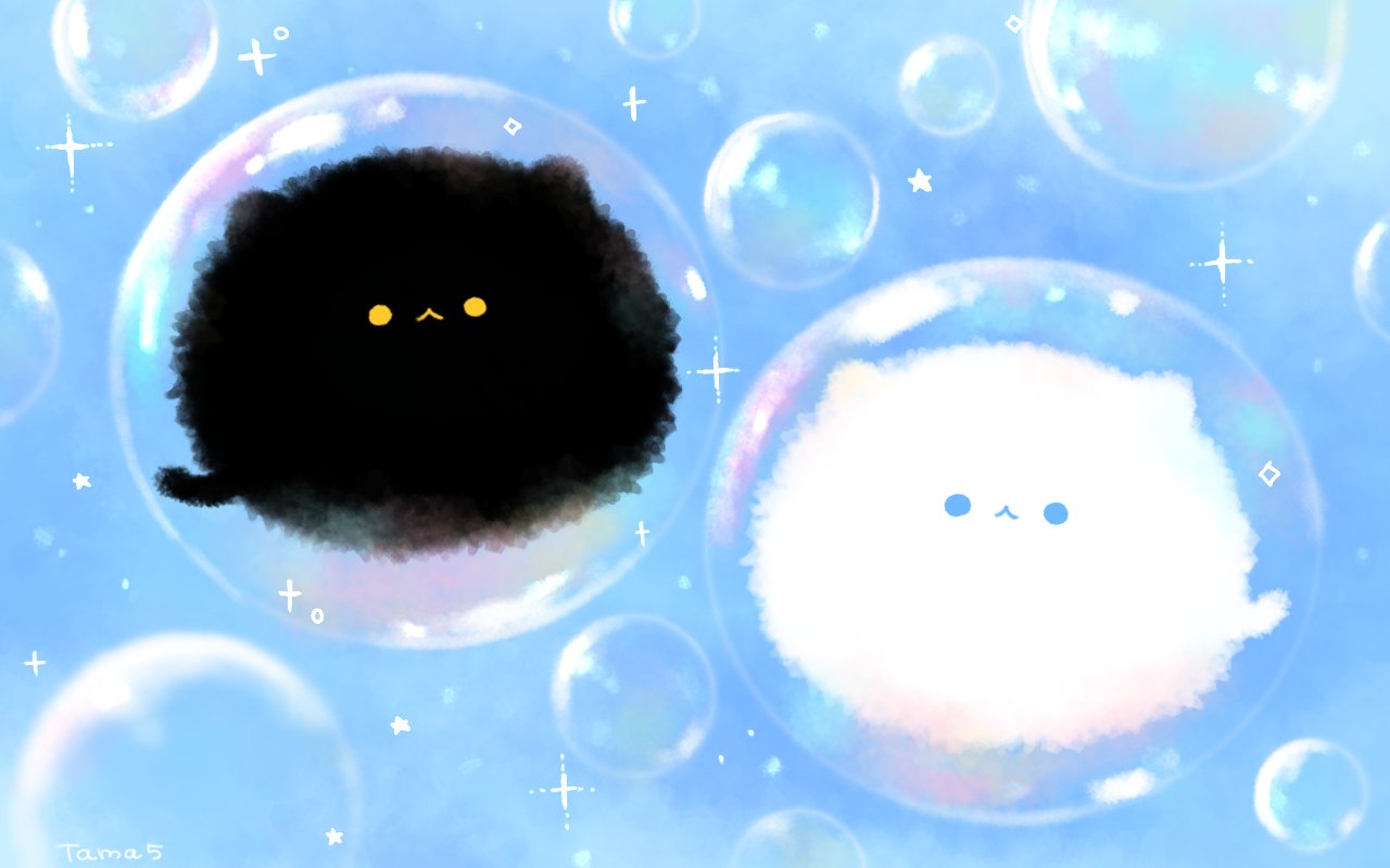 original, commentary, symbol-only commentary, :<, animal, animal focus, black cat, blue background, blue eyes, bubble, cat, closed mouth, floating, no humans, tamagom5m5, yellow eyes