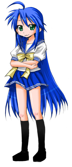 k nekoneko, izumi konata, lucky star, 00s, blue hair, green eyes, long hair, mole, ribbon, school uniform, serafuku, skirt, socks