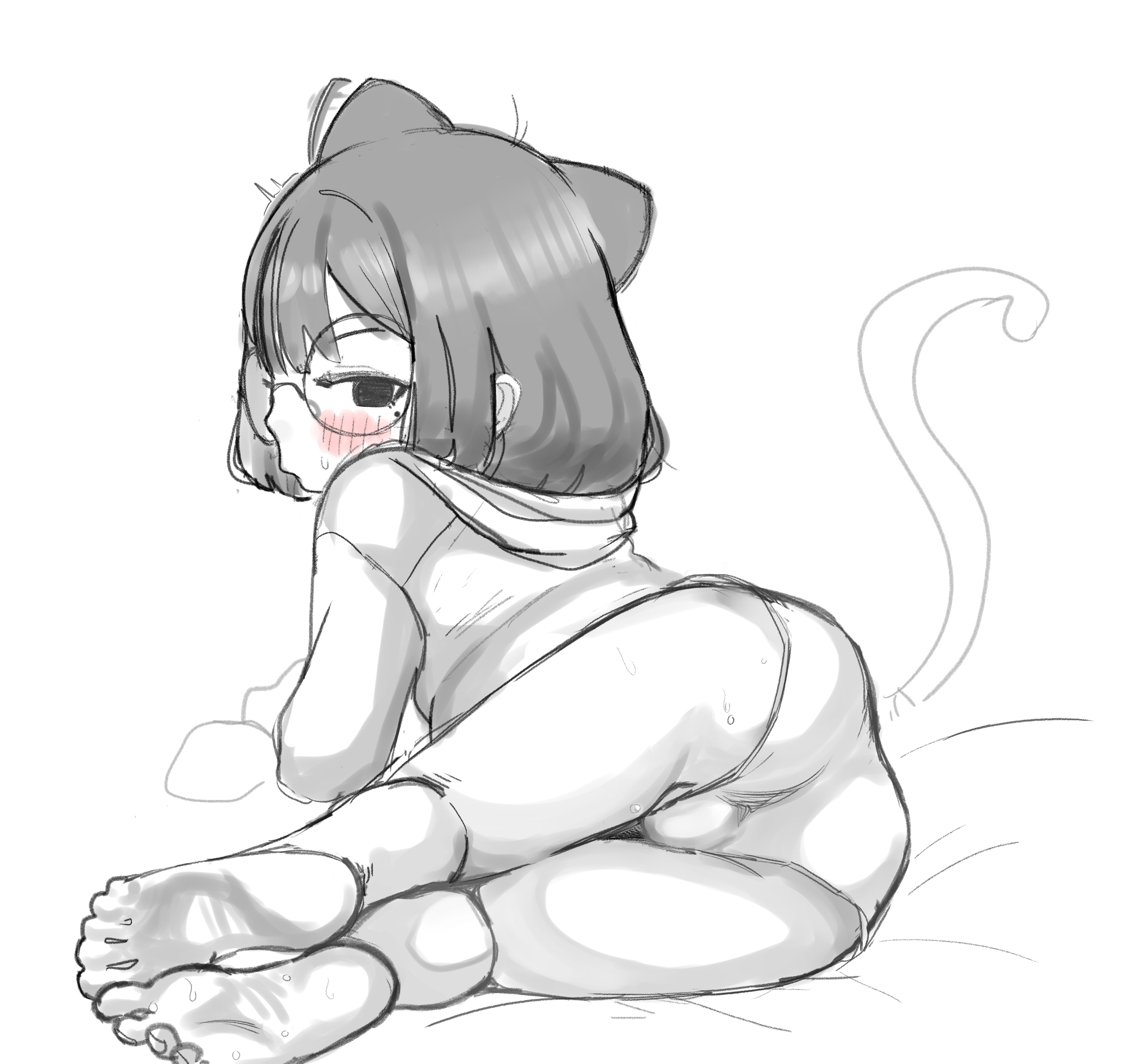 codismal, original, highres, 1girl, animal ears, ass, blush, cat ears, cat tail, feet, glasses, lying, medium hair, mole, mole under eye, on side, possi (possummachine), round eyewear, short shorts, shorts, simple background, sketch, spot color, tail, white background