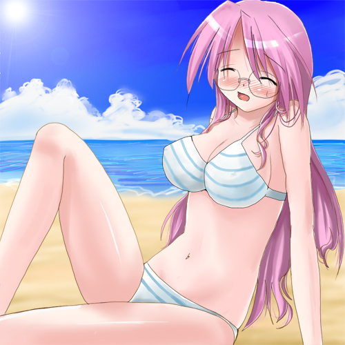 takara miyuki, lucky star, lowres, 00s, blush, glasses, swimsuit