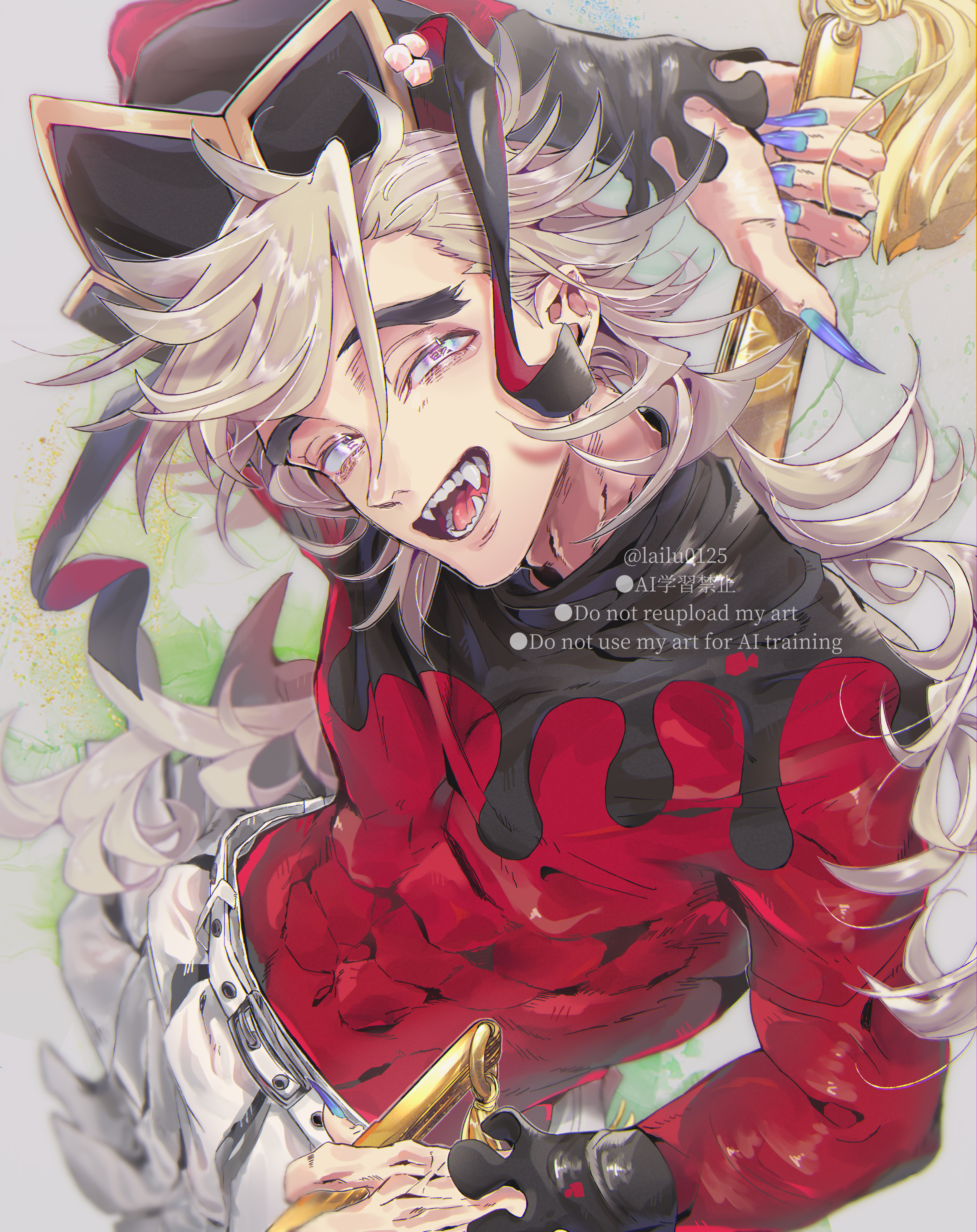 lailu, douma (kimetsu no yaiba), kimetsu no yaiba, absurdres, commentary request, highres, 1boy, belt, blonde hair, covered abs, covered navel, fangs, fingernails, from above, holding, holding weapon, long hair, long sleeves, looking at viewer, male focus, multicolored eyes, open mouth, realistic teeth, sharp fingernails, smile, solo, teeth, toned, toned male, tongue, weapon, white belt