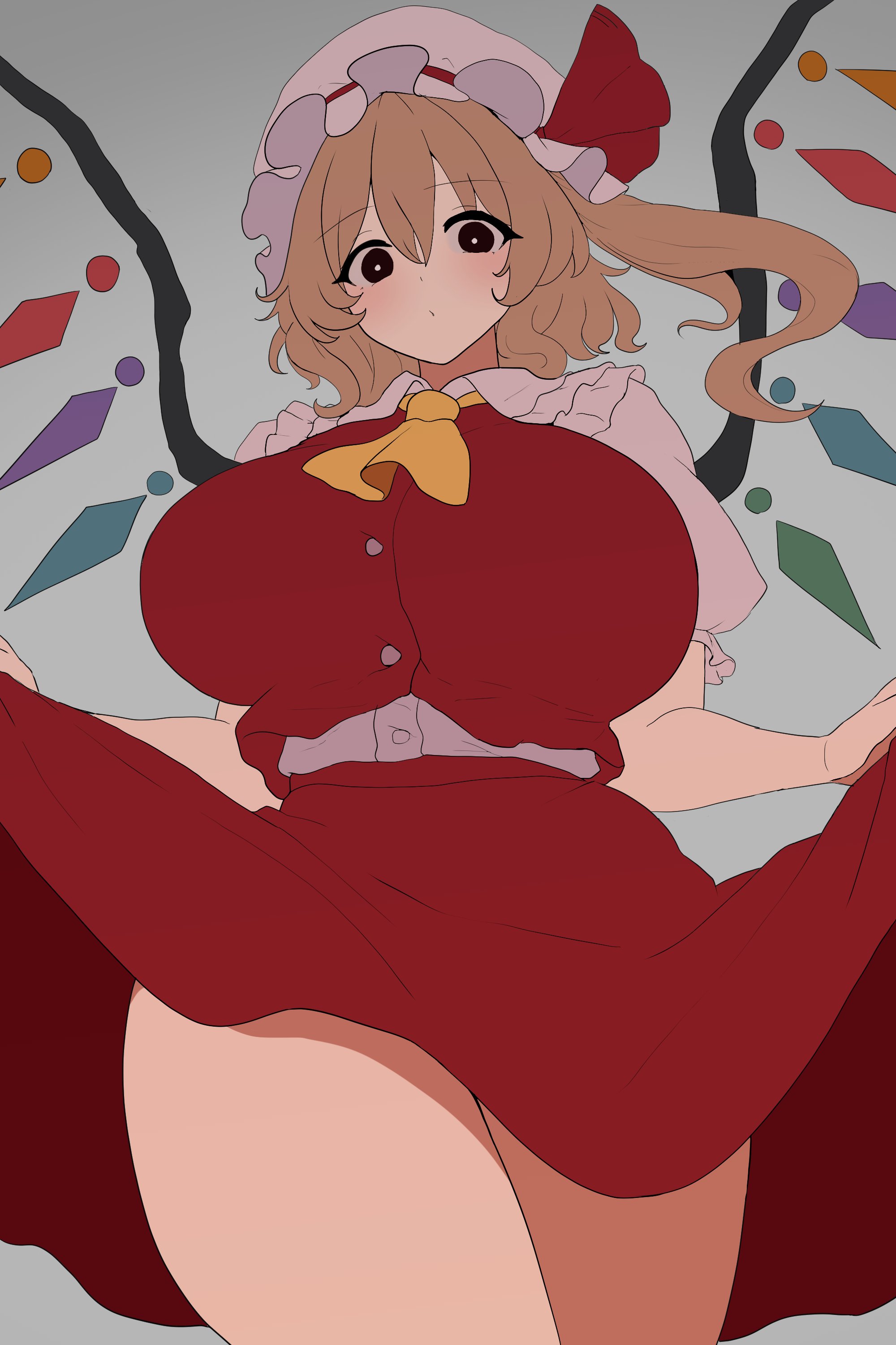 moriforest1040, flandre scarlet, touhou, absurdres, commentary request, highres, 1girl, ascot, black eyes, blonde hair, breasts, buttons, closed mouth, clothes lift, collared shirt, cowboy shot, crystal wings, flat color, hat, hat ribbon, huge breasts, lifting own clothes, light blush, looking at viewer, medium hair, mob cap, puffy short sleeves, puffy sleeves, red ribbon, red skirt, red vest, ribbon, shirt, short sleeves, side ponytail, simple background, skirt, skirt lift, solo, thick thighs, thighs, vest, white hat, white shirt, wings, yellow ascot
