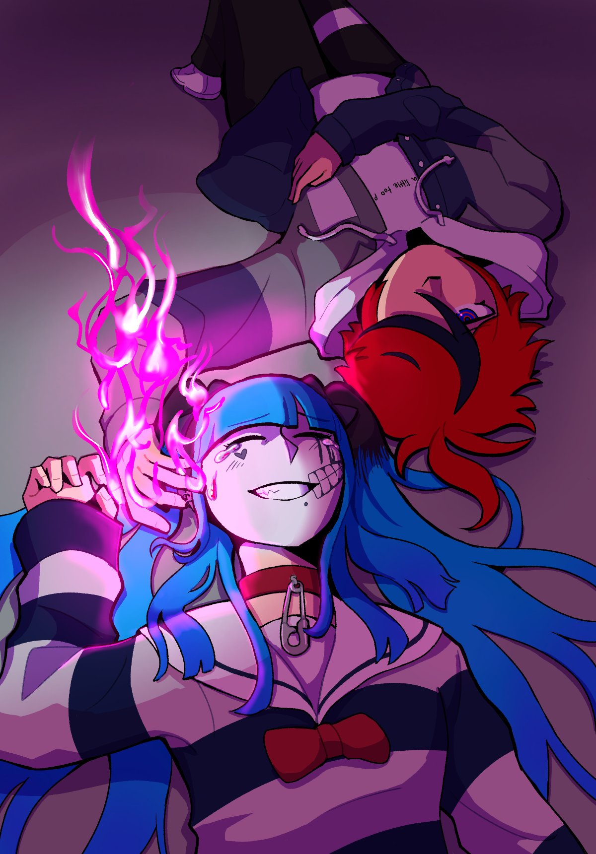 amemiya darumi, sumino takumi, the hundred line -last defense academy-, 1boy, 1girl, black bow, black hair, blue eyes, blue hair, bow, closed eyes, collar, fire, grey jacket, hoodie, jacket, multicolored hair, on floor, red bow, red collar, red hair, safety pin, shirt, short hair, striped clothes, striped shirt, tears, twintails, white hoodie