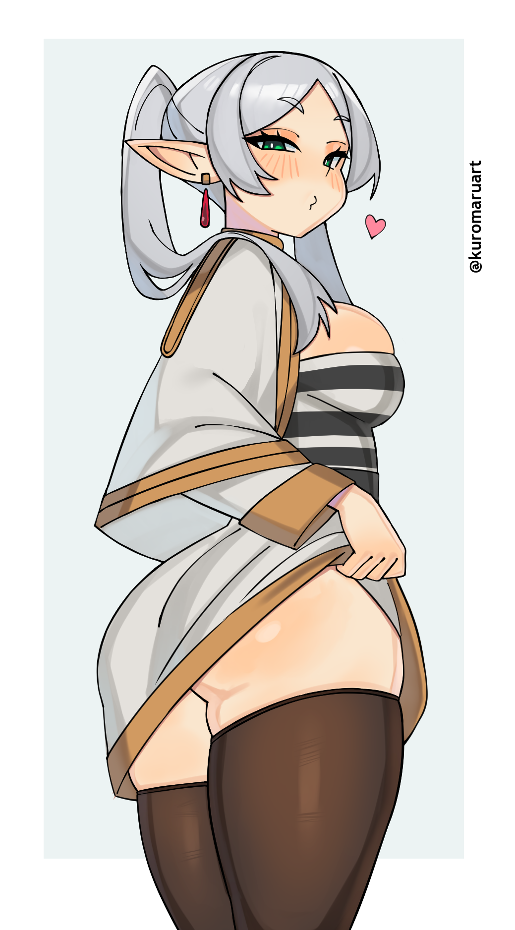 kuromaruart, frieren, sousou no frieren, 1girl, alternate breast size (larger), artist name, ass, black shirt, black thighhighs, breasts, capelet, closed mouth, clothes lift, elf, eyelashes, female focus, from behind, green eyes, grey background, grey hair, huge ass, large breasts, lifting own clothes, long hair, long pointy ears, looking at viewer, looking back, naughty face, pointy ears, shirt, simple background, skirt, skirt lift, solo, strapless, strapless shirt, striped clothes, striped shirt, thighhighs, twintails, two-tone background, two-tone capelet, two-tone shirt, two-tone skirt, white background, white capelet, white shirt, white skirt, yellow shirt, yellow skirt
