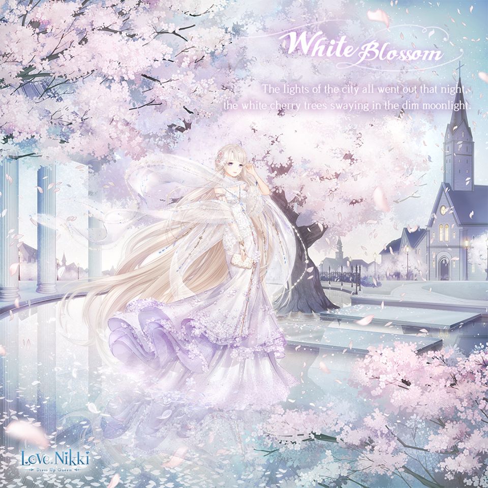 miracle nikki, nikki (series), artist request, official art, 1girl, absurdly long hair, blonde hair, blue sky, blunt bangs, bridal gauntlets, character name, cherry blossoms, church, copyright name, day, dress, english text, fence, floating neckwear, flower, full body, gown, gradient clothes, gradient dress, hair flower, hair ornament, hand in own hair, holding, holding wallet, lake, lamppost, logo, long dress, long hair, looking ahead, outdoors, parted lips, petals, pillar, pink flower, purple dress, purple eyes, scarf, sky, smile, solo, spring (season), stairs, standing, standing on liquid, strapless, strapless dress, tree, very long hair, wallet, white blossom (miracle nikki), white dress, white scarf, wind