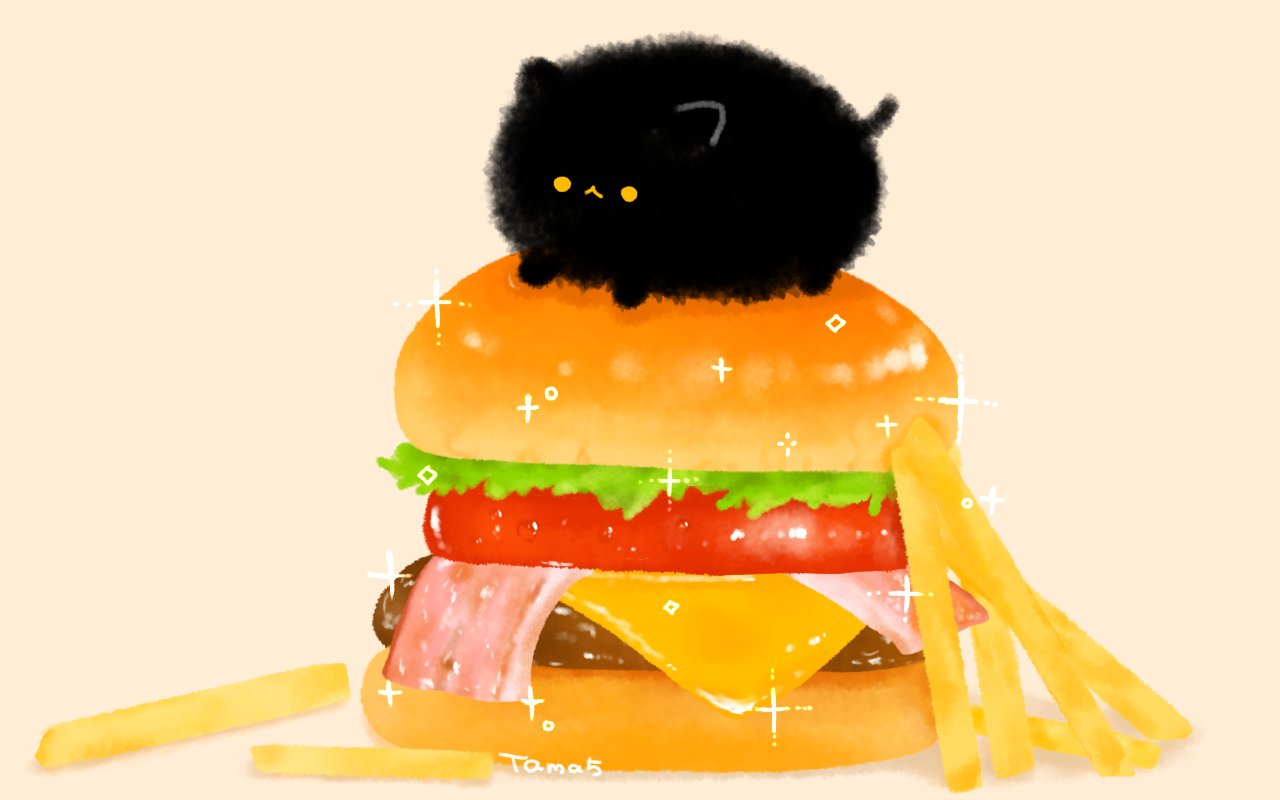 original, commentary, symbol-only commentary, animal, animal focus, artist name, black cat, burger, cat, food, food focus, french fries, lying, no humans, on food, shadow, simple background, tamagom5m5, yellow eyes