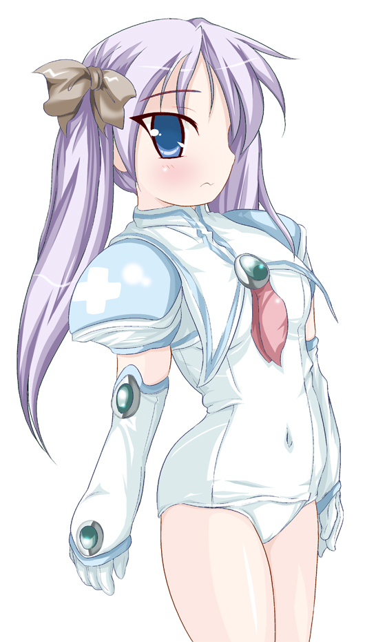 kai akira, djibril aries, hiiragi kagami, lucky star, makai tenshi djibril, blue eyes, blush, cosplay, elbow gloves, gloves, hair ribbon, long hair, one-piece swimsuit, purple hair, ribbon, school swimsuit, solo, swimsuit, twintails, white one-piece swimsuit, white school swimsuit