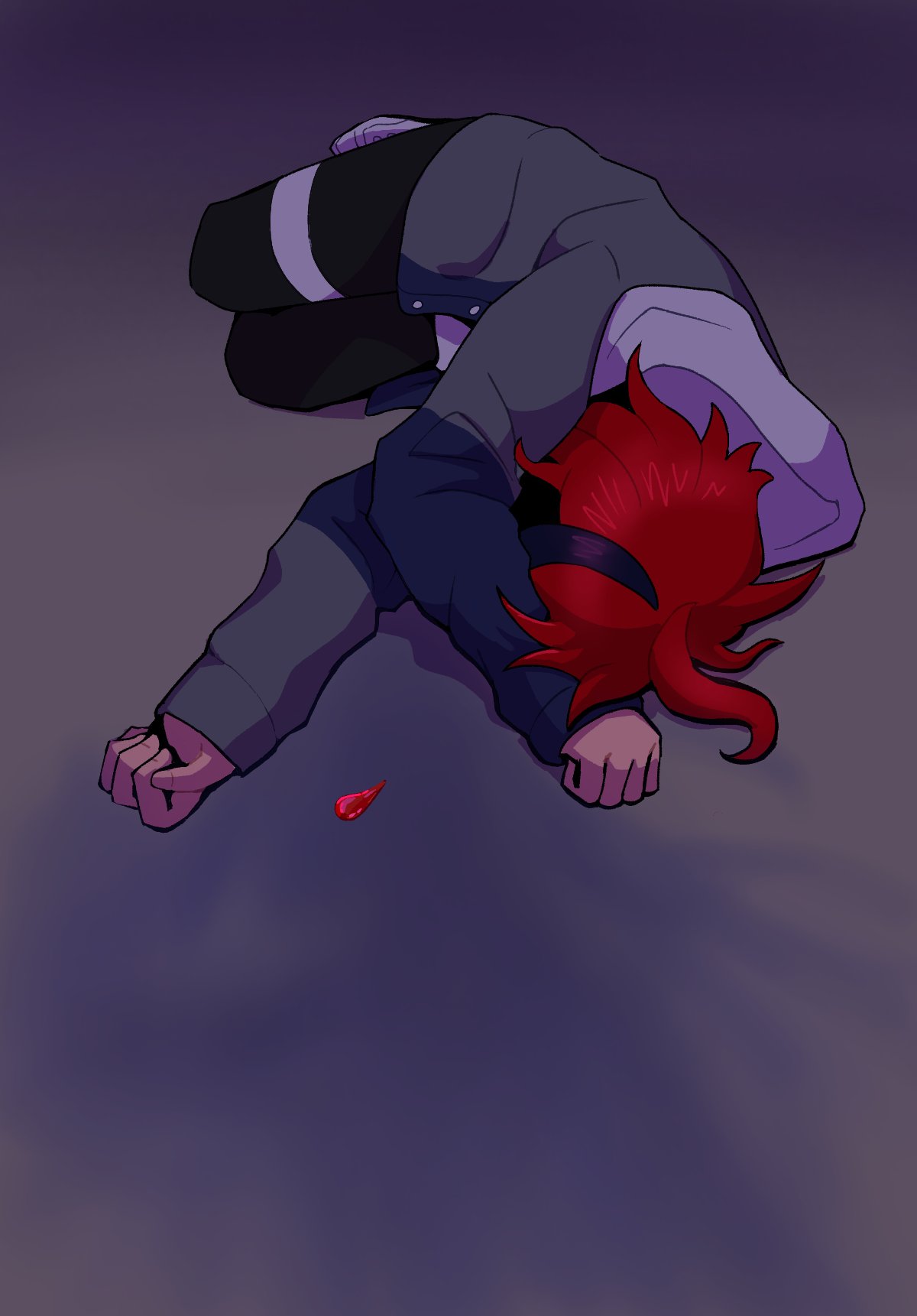 sumino takumi, the hundred line -last defense academy-, 1boy, black pants, grey background, grey jacket, hoodie, jacket, multicolored hair, on floor, pants, red hair, shoes, white hoodie, white shoes