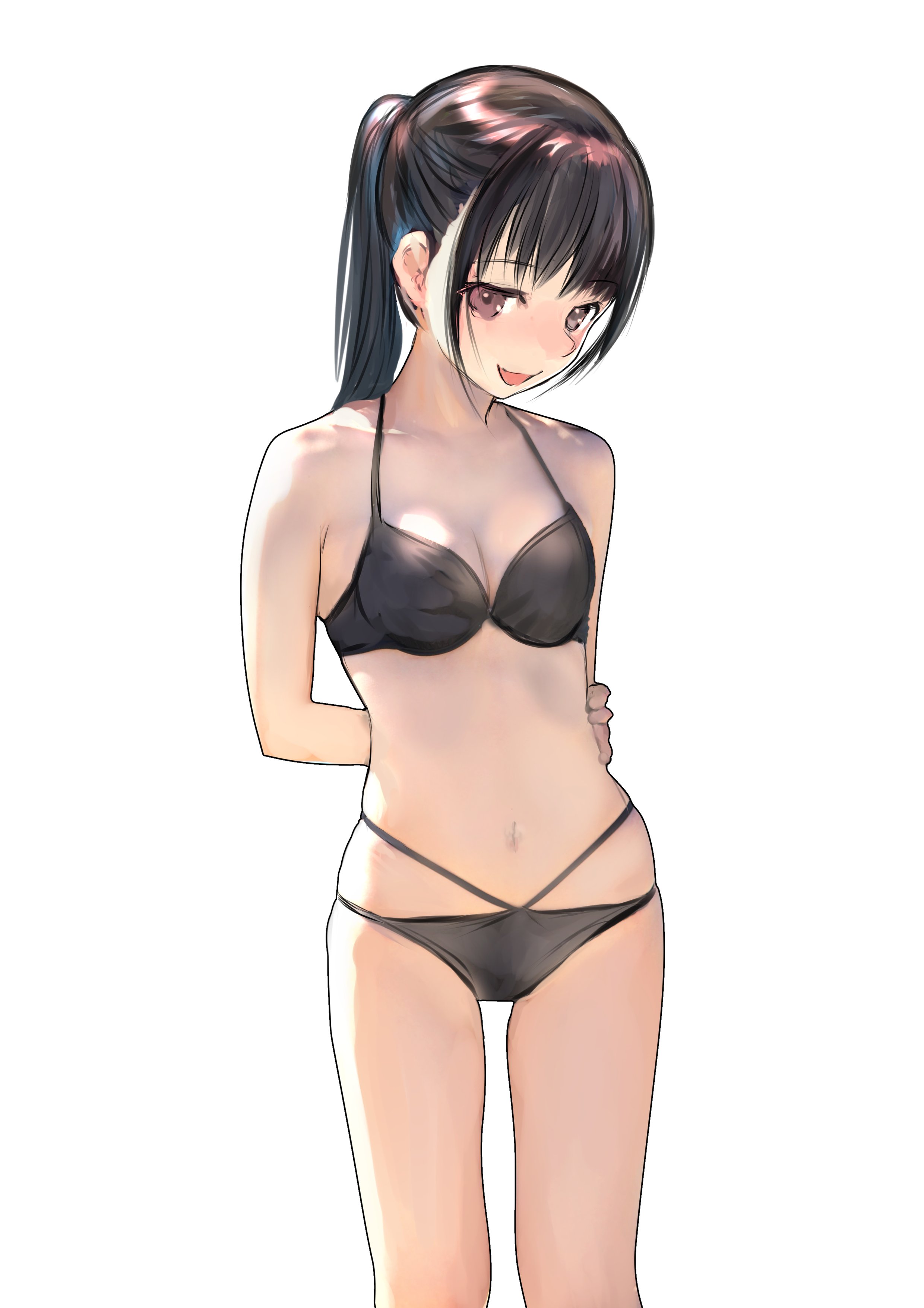 emutsuichi, original, absurdres, highres, 1girl, bare shoulders, bikini, black bikini, black hair, blush, breasts, cleavage, collarbone, long hair, medium breasts, navel, open mouth, ponytail, purple eyes, simple background, smile, solo, stomach, swimsuit, white background