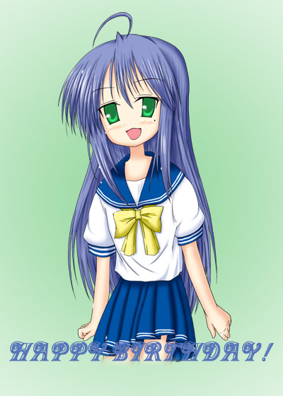izumi konata, lucky star, 00s, blue hair, long hair, mole, open mouth, school uniform, serafuku, skirt