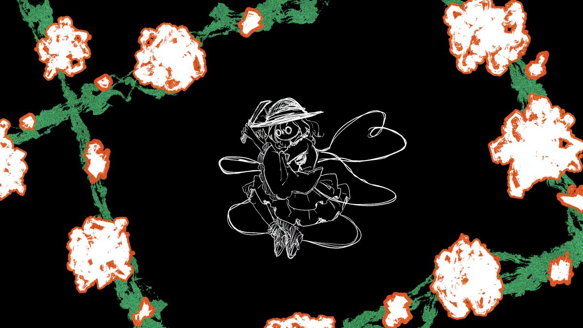 joyfull (terrace), komeiji koishi, touhou, urban legend in limbo, 1girl, black background, blouse, flower, frilled shirt collar, frilled sleeves, frills, hat, hat ribbon, heart, heart of string, high contrast, long sleeves, monochrome, muisiki rekuiemu, orange flower, orange rose, ribbon, rose, shirt, smile, spell card, spot color, wide sleeves