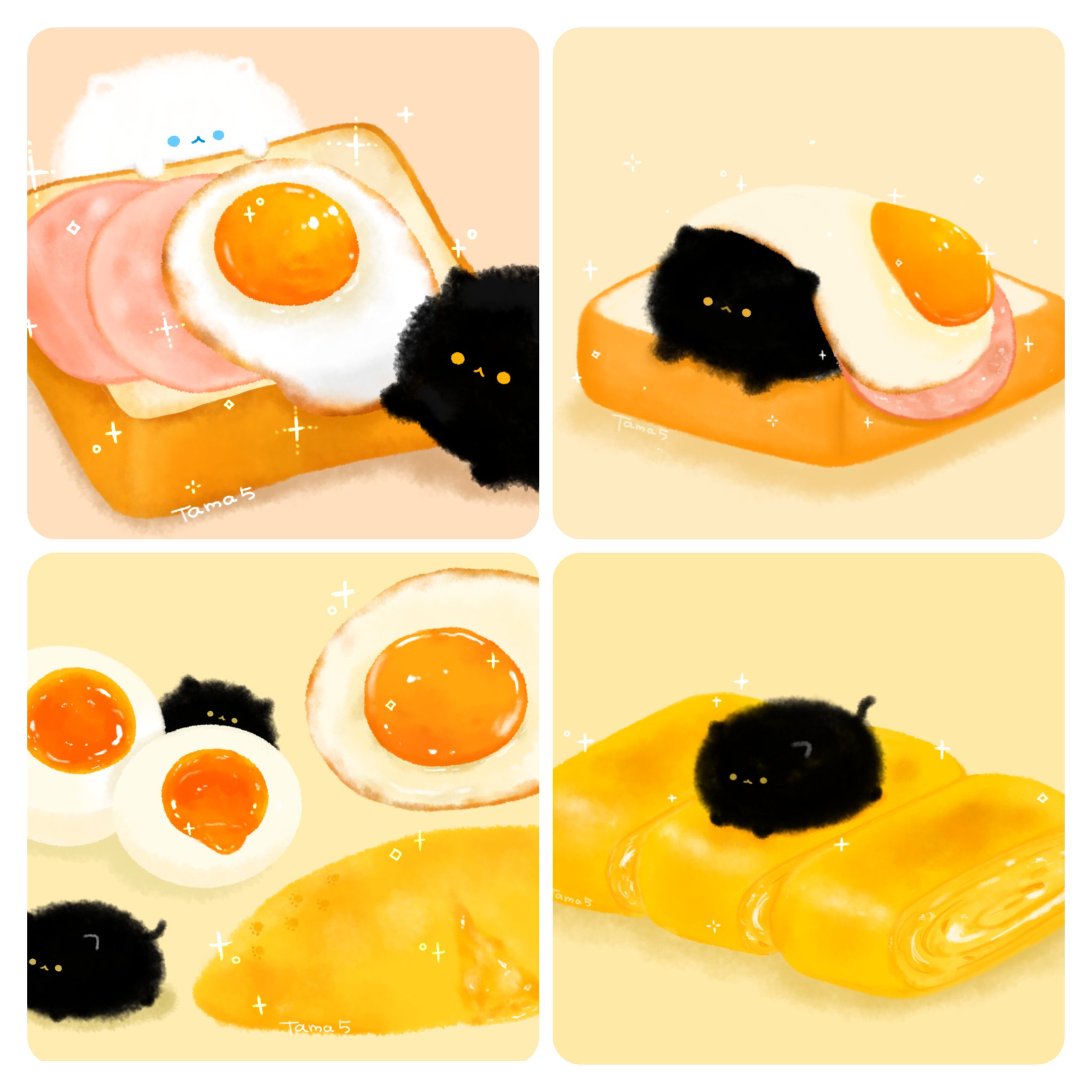 original, commentary, highres, symbol-only commentary, animal, animal focus, black cat, blue eyes, bread, bread slice, cat, food, food focus, fried egg, ham, lying, no humans, omelet, on food, tamagom5m5, white cat, yellow eyes