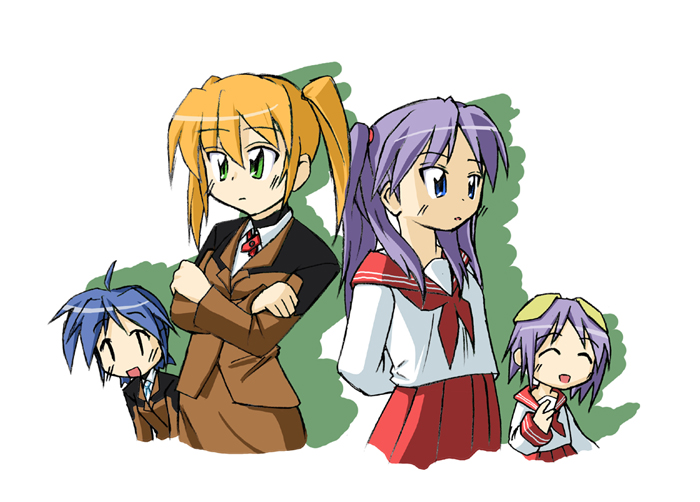 hiiragi kagami, hiiragi tsukasa, subaru nakajima, teana lanster, lucky star, lyrical nanoha, mahou shoujo lyrical nanoha, tagme, 00s, 4girls, multiple girls, school uniform, serafuku, sisters, standing, twins