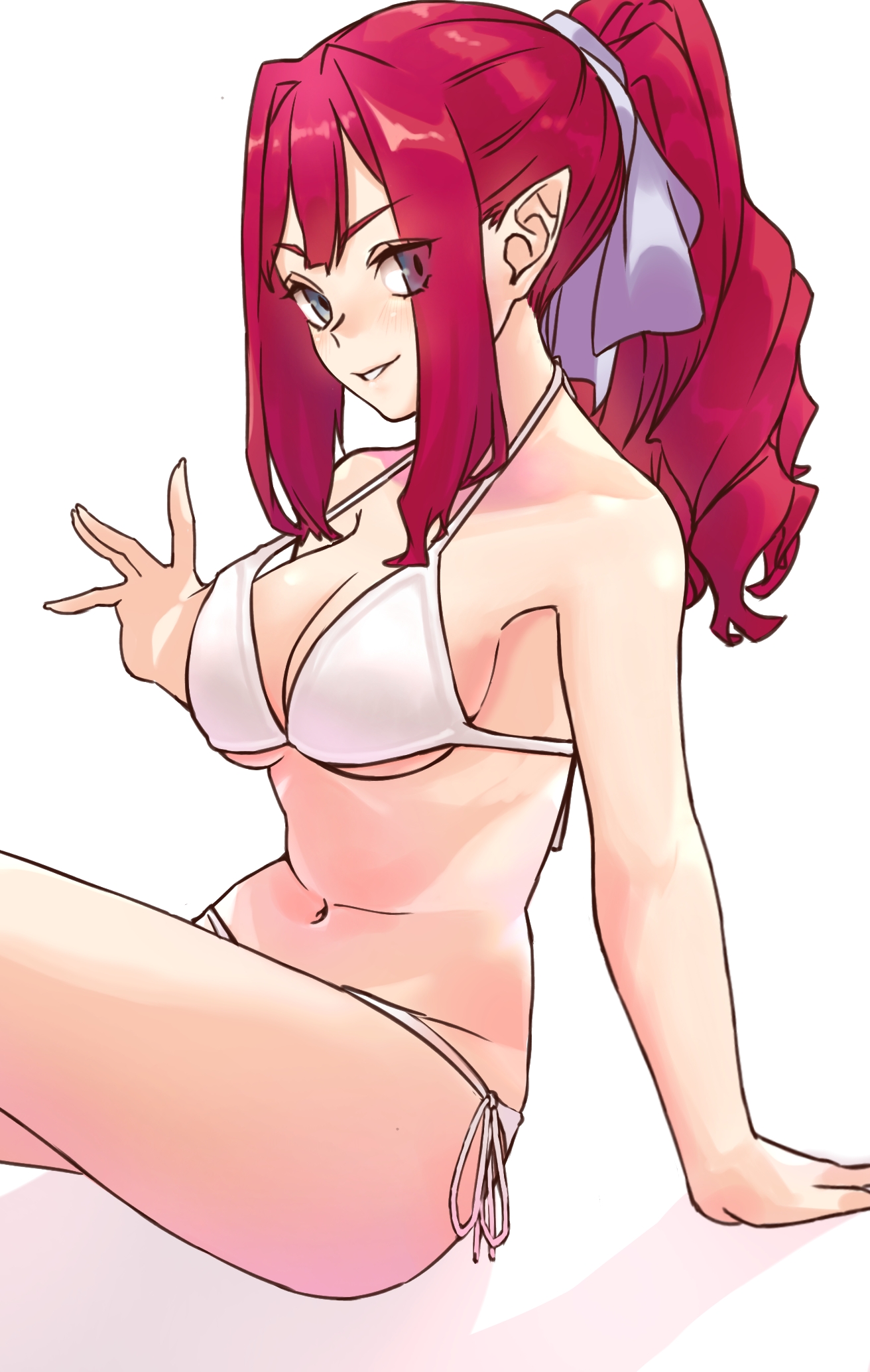 niwaikanai, baobhan sith (fate), fate/grand order, fate (series), highres, 1girl, bare shoulders, bikini, breasts, cleavage, grey eyes, grin, hair ribbon, large breasts, long hair, looking at viewer, navel, pointy ears, ponytail, red hair, ribbon, sidelocks, sitting, smile, solo, swimsuit, thighs, white bikini