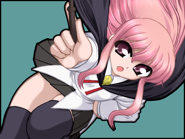 ooba kou, louise francoise le blanc de la valliere, zero no tsukaima, 00s, 1girl, black thighhighs, cape, female focus, pink eyes, pink hair, simple background, solo, thighhighs, wand