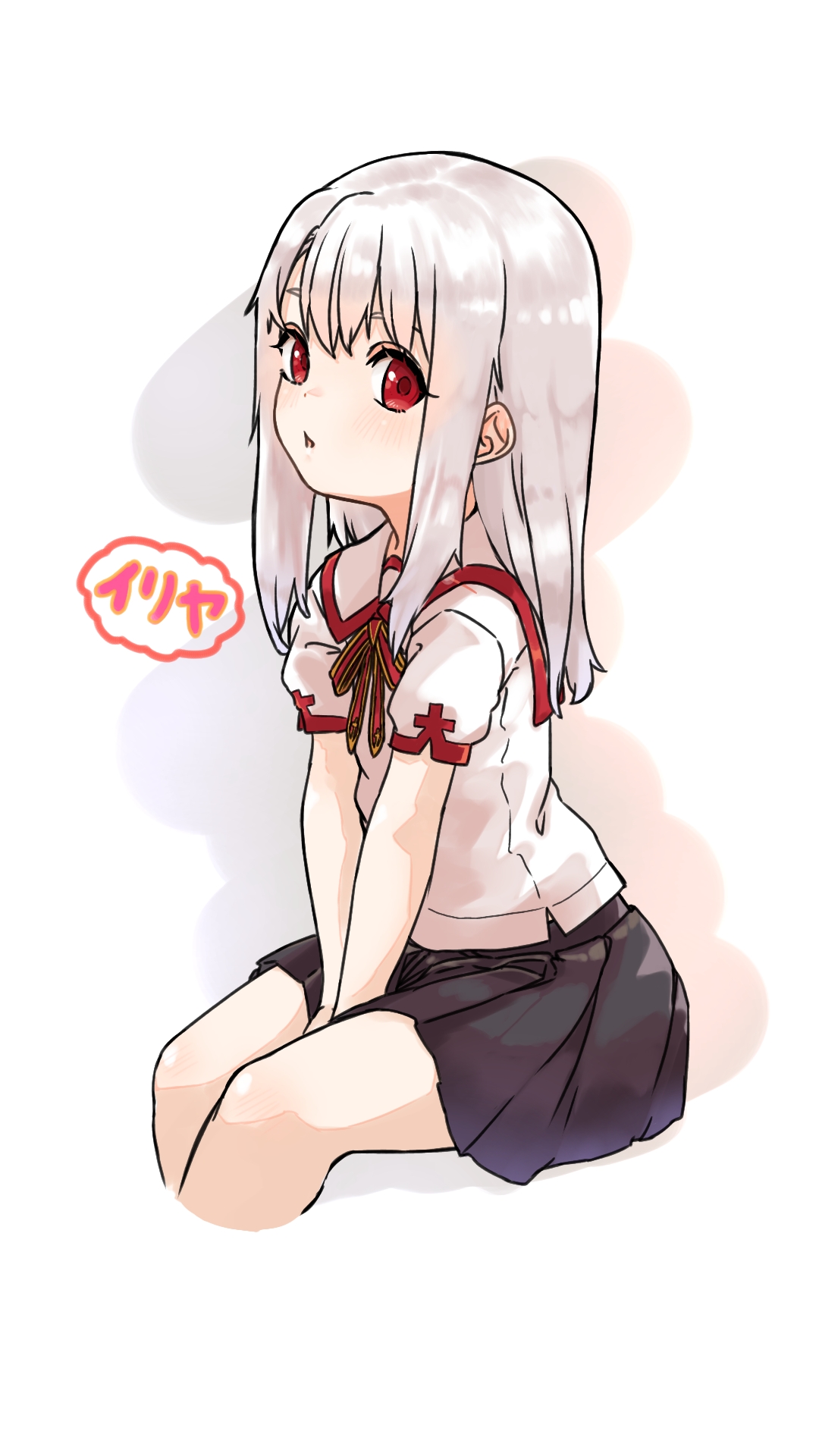 niwaikanai, illyasviel von einzbern, fate/kaleid liner prisma illya, fate (series), highres, translation request, 1girl, black skirt, blush, breasts, collared shirt, homurabara academy elementary school uniform, long hair, looking at viewer, neck ribbon, parted lips, pleated skirt, puffy short sleeves, puffy sleeves, red eyes, red ribbon, ribbon, sailor collar, school uniform, shirt, short sleeves, sidelocks, sitting, skirt, small breasts, solo, speech bubble, thighs, white hair, white sailor collar, white shirt