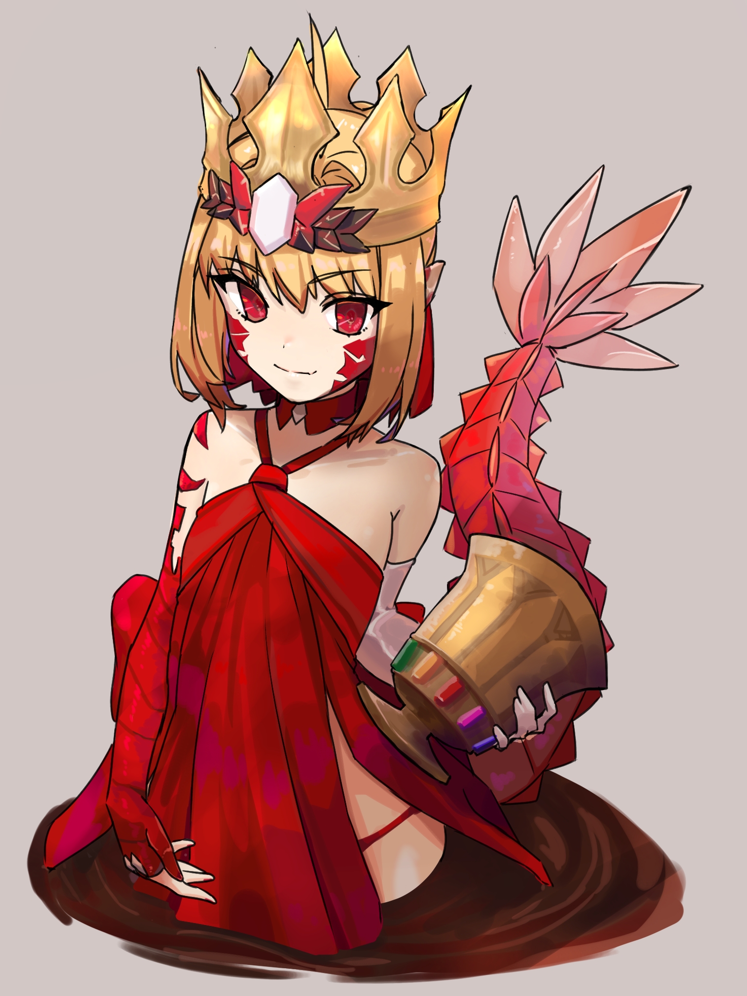niwaikanai, nero claudius (fate), queen draco (fate), queen draco (first ascension) (fate), fate/grand order, fate (series), highres, 1girl, ahoge, bare shoulders, blonde hair, braid, breasts, chalice, crown, cup, dragon tail, dress, elbow gloves, facial mark, gloves, hair bun, hair intakes, hair ribbon, looking at viewer, medium hair, panties, pointy ears, red dress, red eyes, red panties, red ribbon, ribbon, scales, single glove, small breasts, smile, solo, tail, underwear, wading, white gloves