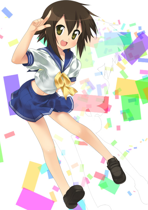 mizuki makoto, kusakabe misao, lucky star, 00s, 1girl, arm up, black hair, black shoes, blue skirt, blush, brown hair, fang, female focus, hair between eyes, looking at viewer, miniskirt, open mouth, puffy short sleeves, puffy sleeves, school uniform, serafuku, shirt, shoes, short hair, short sleeves, skirt, smile, solo, white shirt, yellow eyes