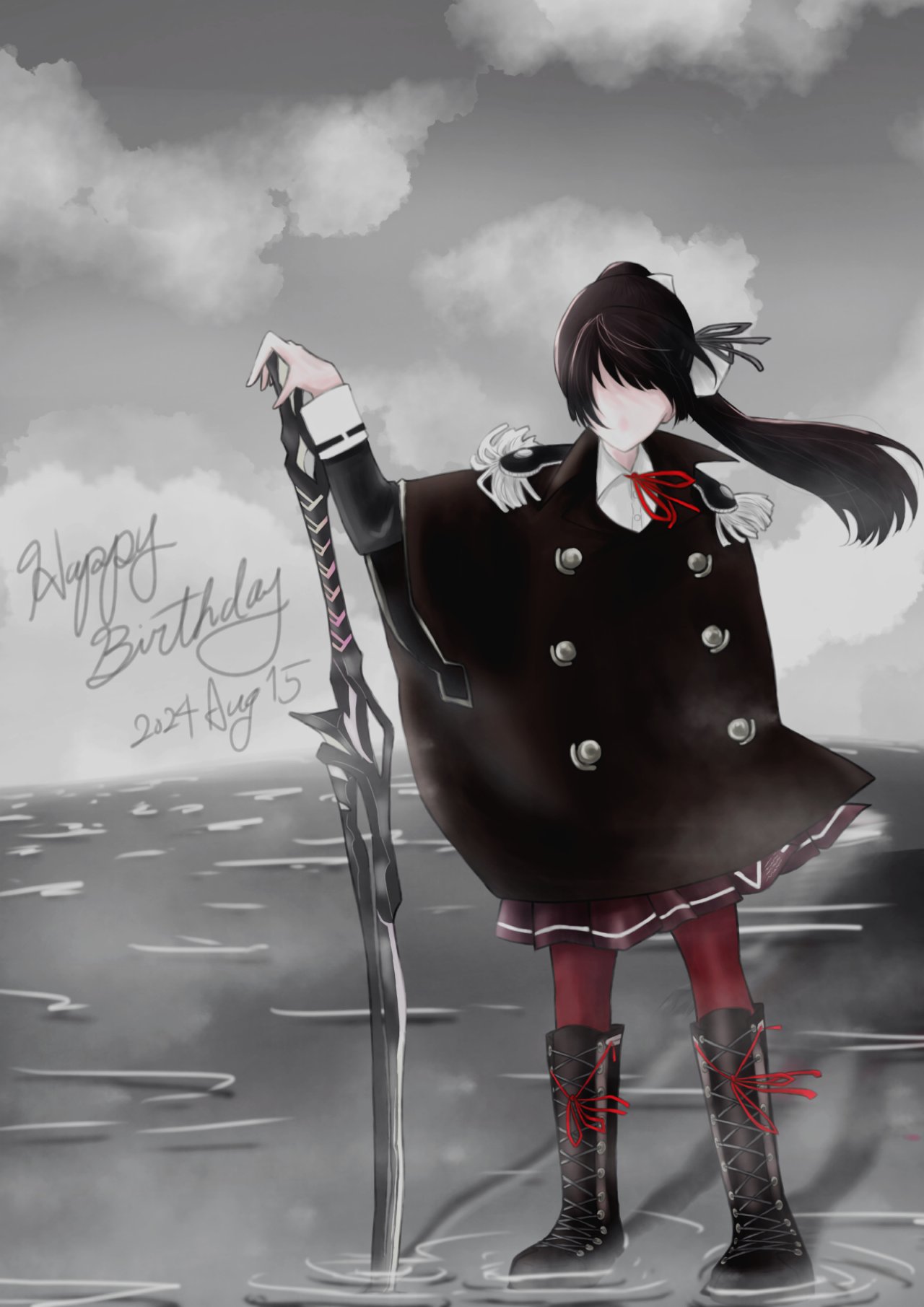 nan illust1139, natsume inori, heaven burns red, highres, 1girl, black hair, blunt bangs, green eyes, happy birthday, holding, holding sword, holding weapon, long hair, neck ribbon, partially colored, ponytail, ribbon, shirt, solo, sword, weapon, white shirt